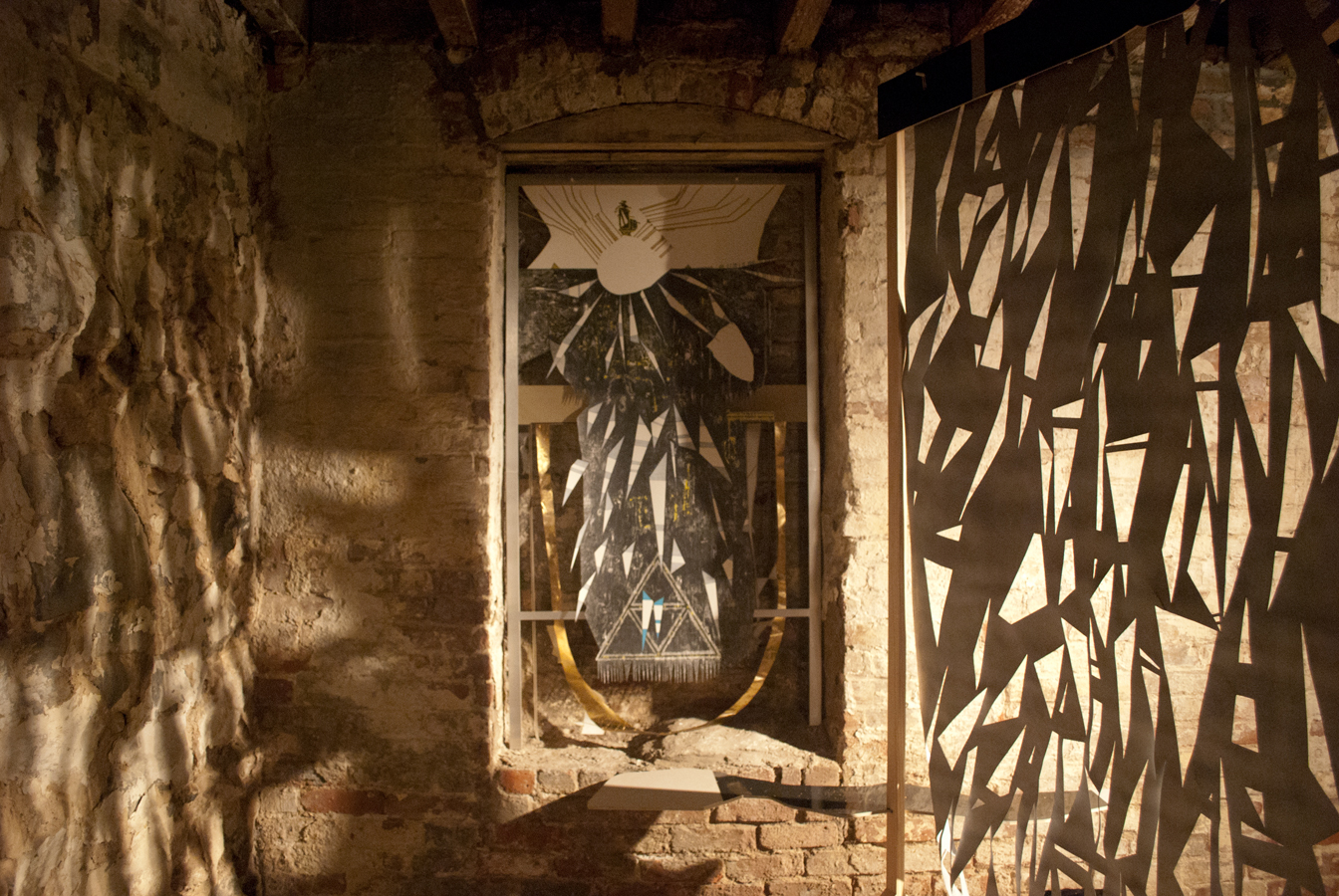 flattened dirge  Ink, graphite, aerosol and copper leaf on paper. Formica, wood and hardware. 2011 - variable dimensions