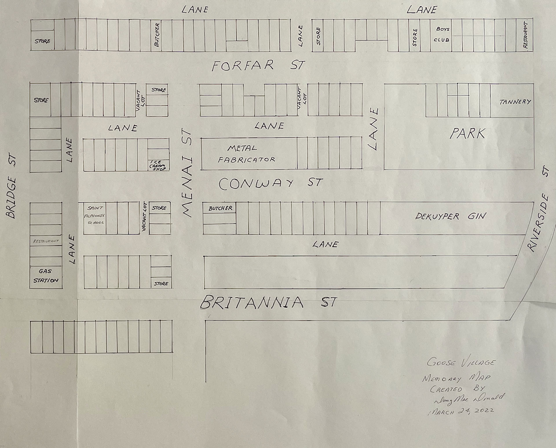 Doug Mac Donald's Memory Map (former villager), 20 x 28 inches/pouces, Goose Village, 2022
