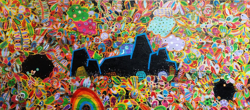 擁有七顆彩鑽的彩虹花園。Rainbow Garden with seven fancy colored diamonds。Acrylic.Oil paint.Gold leaf.Canvas, 206X91.5CM 2019