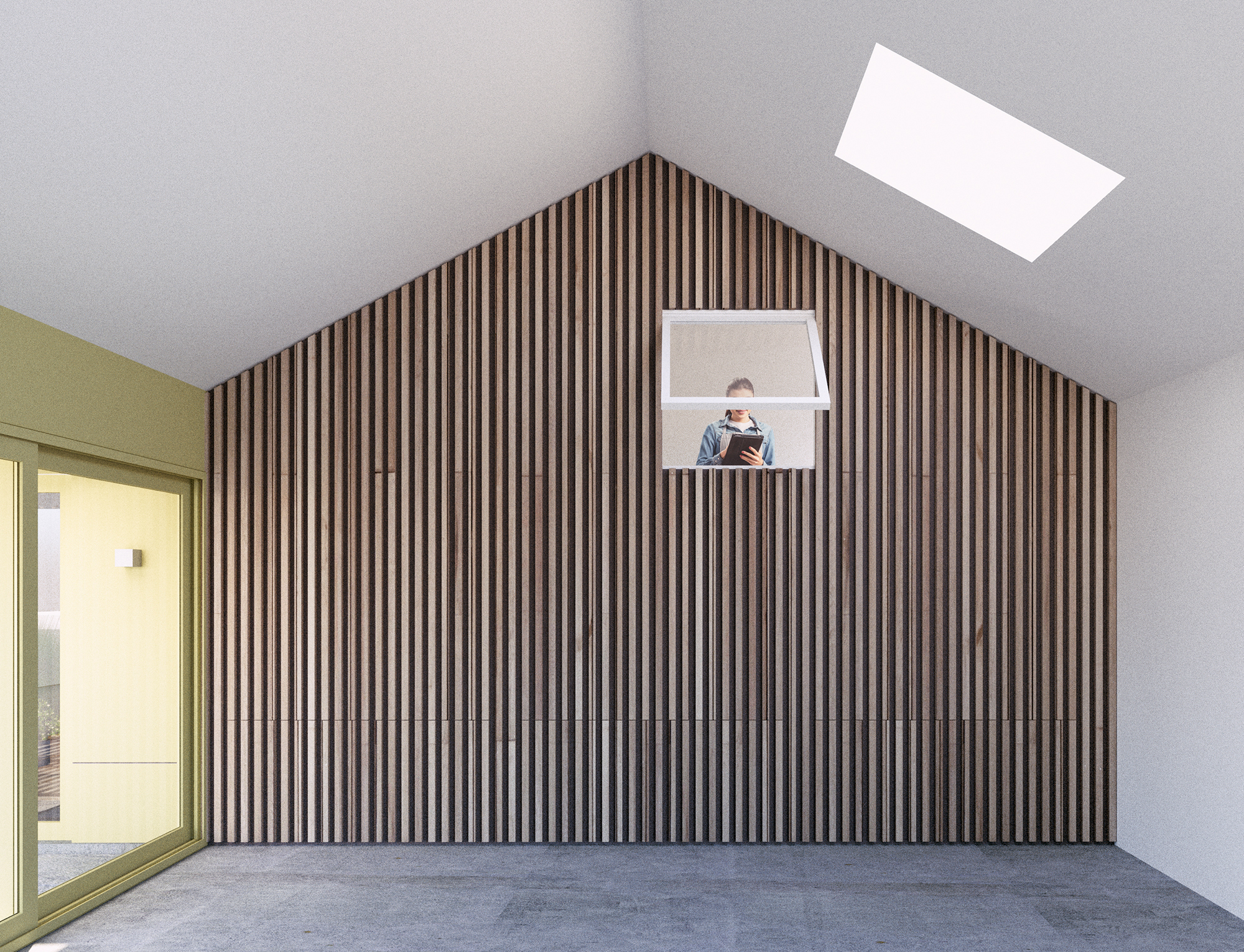 Interior view of the High Bar Pavilion studio space, showing the full-height vertical Red Cedar slat wall separating the workspace from the storage loft, illuminated by a large overhead skylight.