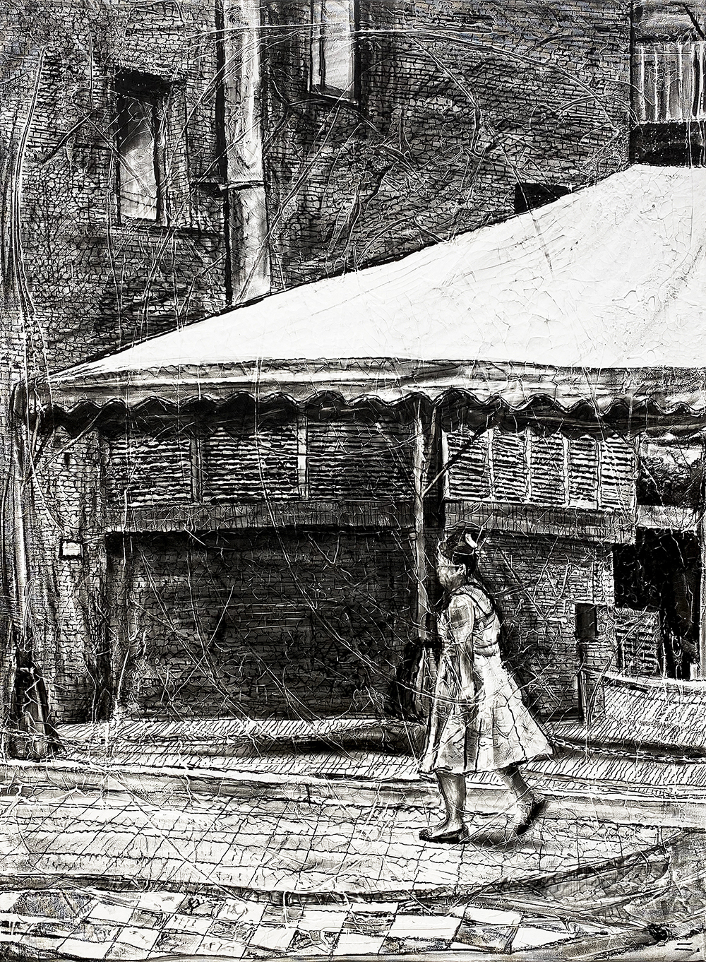 Lady going to market at Ximending, 2020, charcoal, industrial paint, 116.8*91(cm)