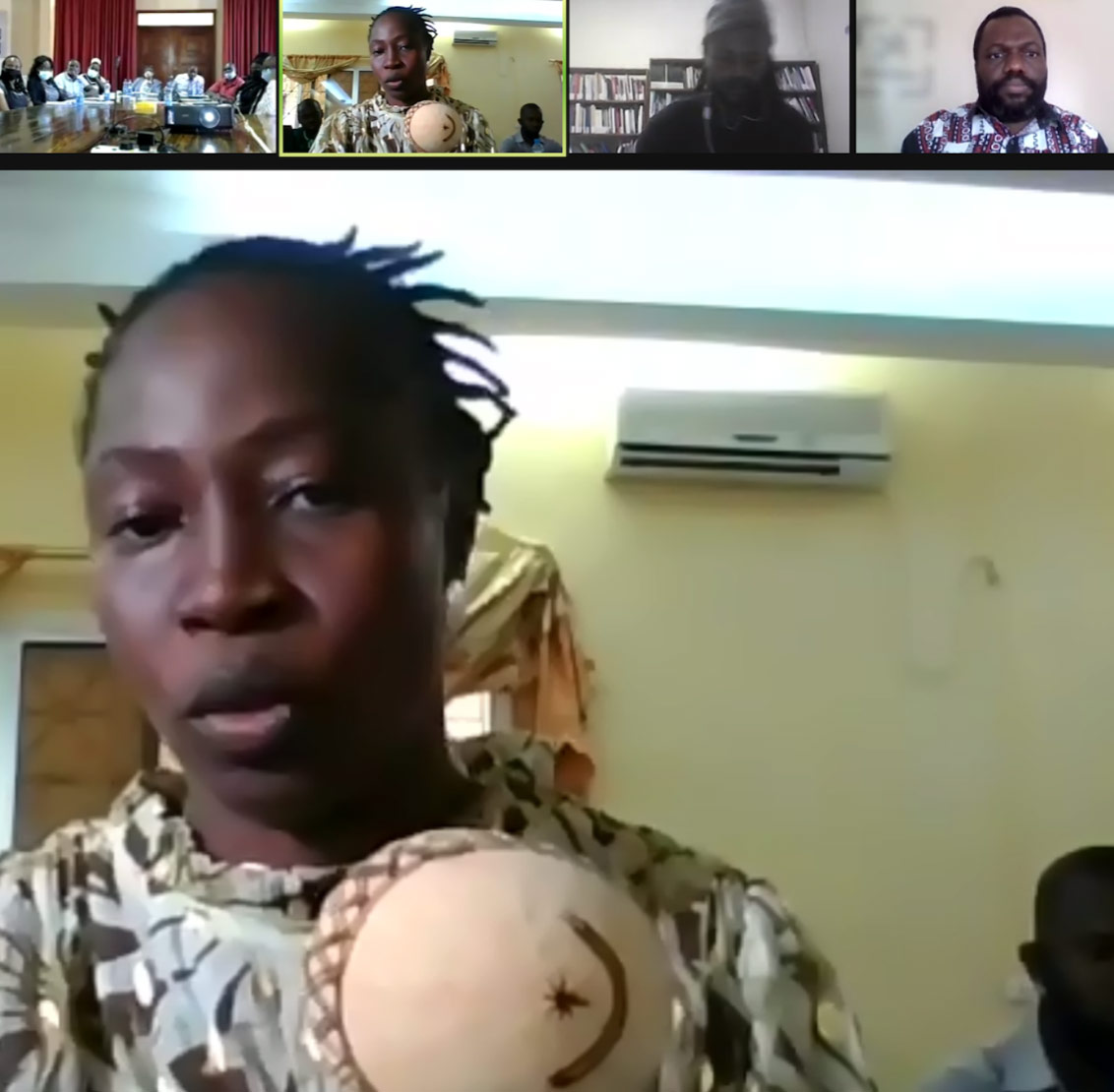 ‘what do we make of the gap, the distance, between the space that objects are made in and the museum space in which they end up?’, a Musee Guinee study group member shares an object, called a Louche, from the museum collection, 2021.