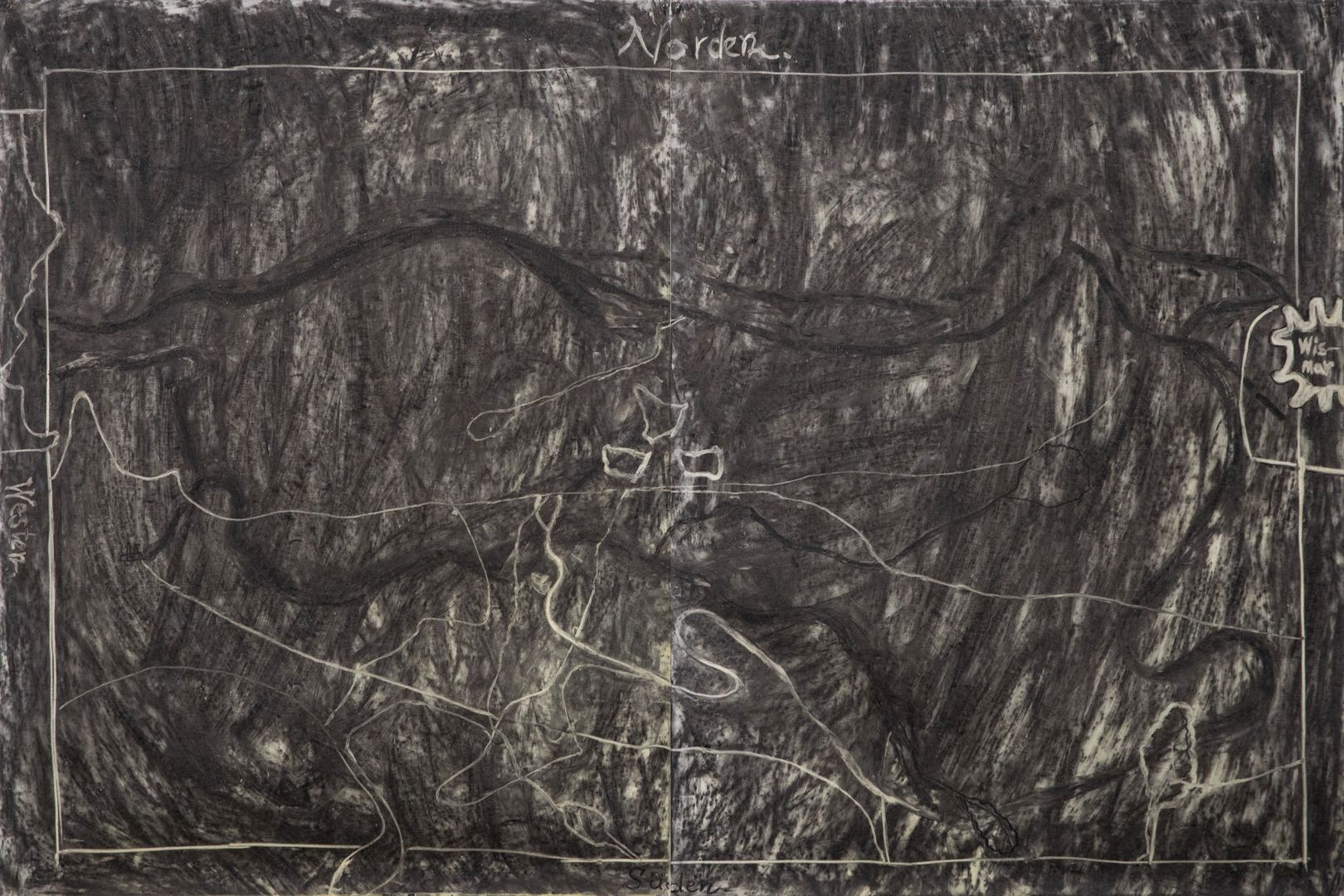 At Nowhere No.1, 180 x 120 cm, charcoal, wax on transparent paper, 2020