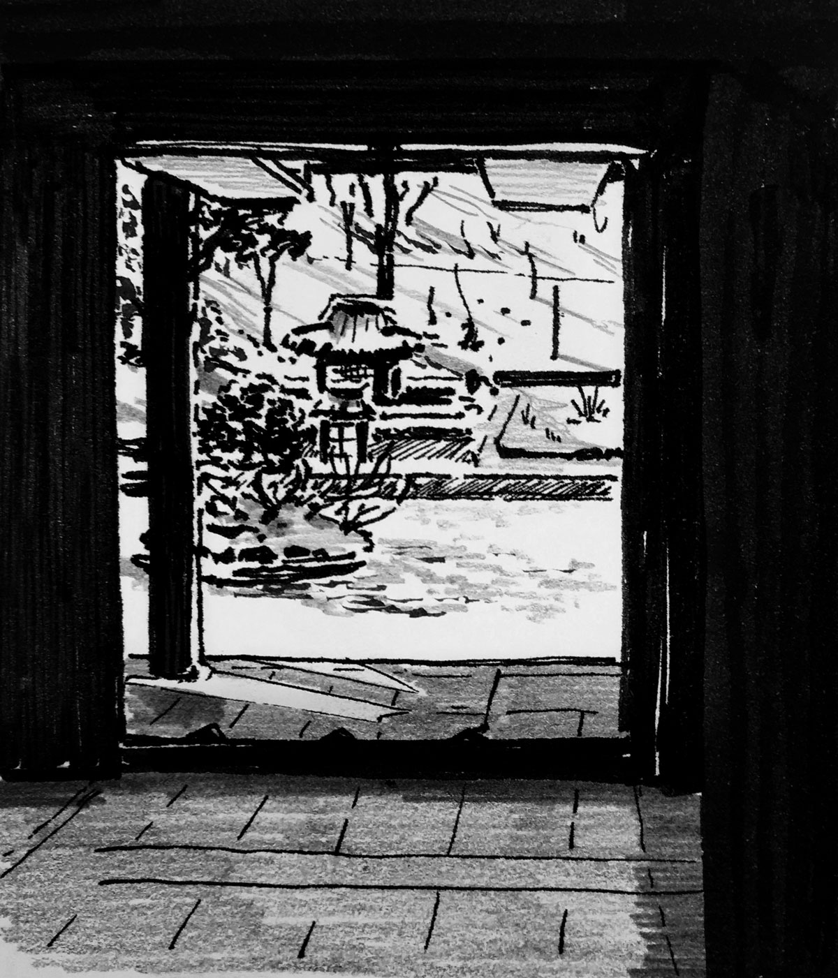 Snowy temple- Ink on paper 15x20 cm