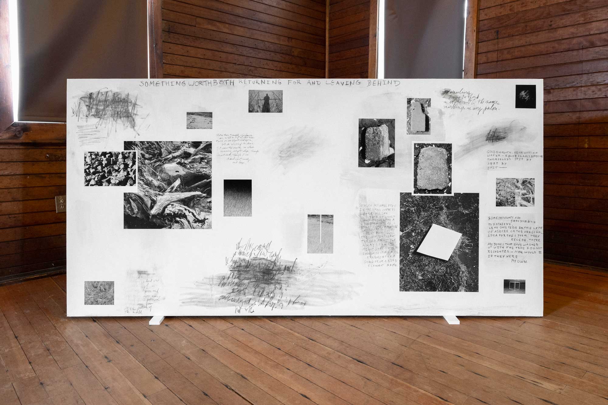 Doug Dumais. SOMETHING WORTH BOTH RETURNING FOR AND LEAVING BEHIND. 2022. Soft pastel, charcoal, graphite, enamel paint, and inkjet prints on gypsum drywall panel. 8 x 4 feet.