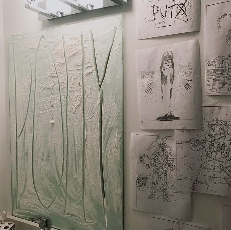 3/3 — LUKA. LOLA. POLLY.  For this project, Luka. Lola. Polly., along with its distinctive smell, the Noxzema face cream on beveled bathroom mirror has hand-written text of names taken from popular songs where the individual referenced has in some way been a victim of abuse or transgression ("Luka" by Susan Vega; "Lola" by the Kinks; "Polly" by Nirvana). The mirrors' surfaces are rendered dysfunctional, except for the small pieces of its surface exposed within each name's form. Site-responsive installation created for the inaugural exhibition Corporate Lunch at the Condo Association in Chicago, IL, 2017.