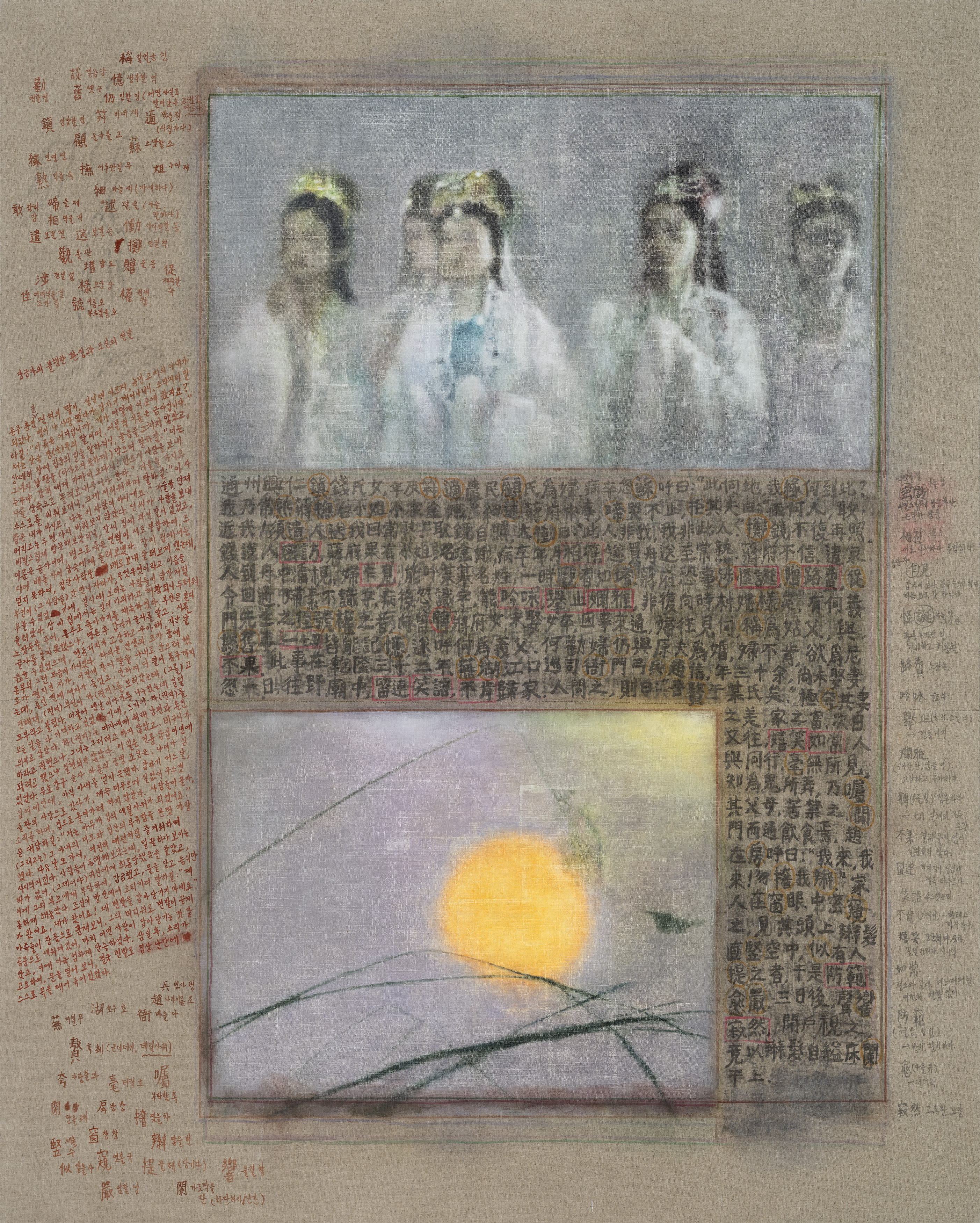 장금아의 불행한 환생과 조신의 변발 Jiang Jin'e's unfortunate reincarnation and Zhao Xin's Queue / 2024 / watercolor, oil on linen / 227x182cm