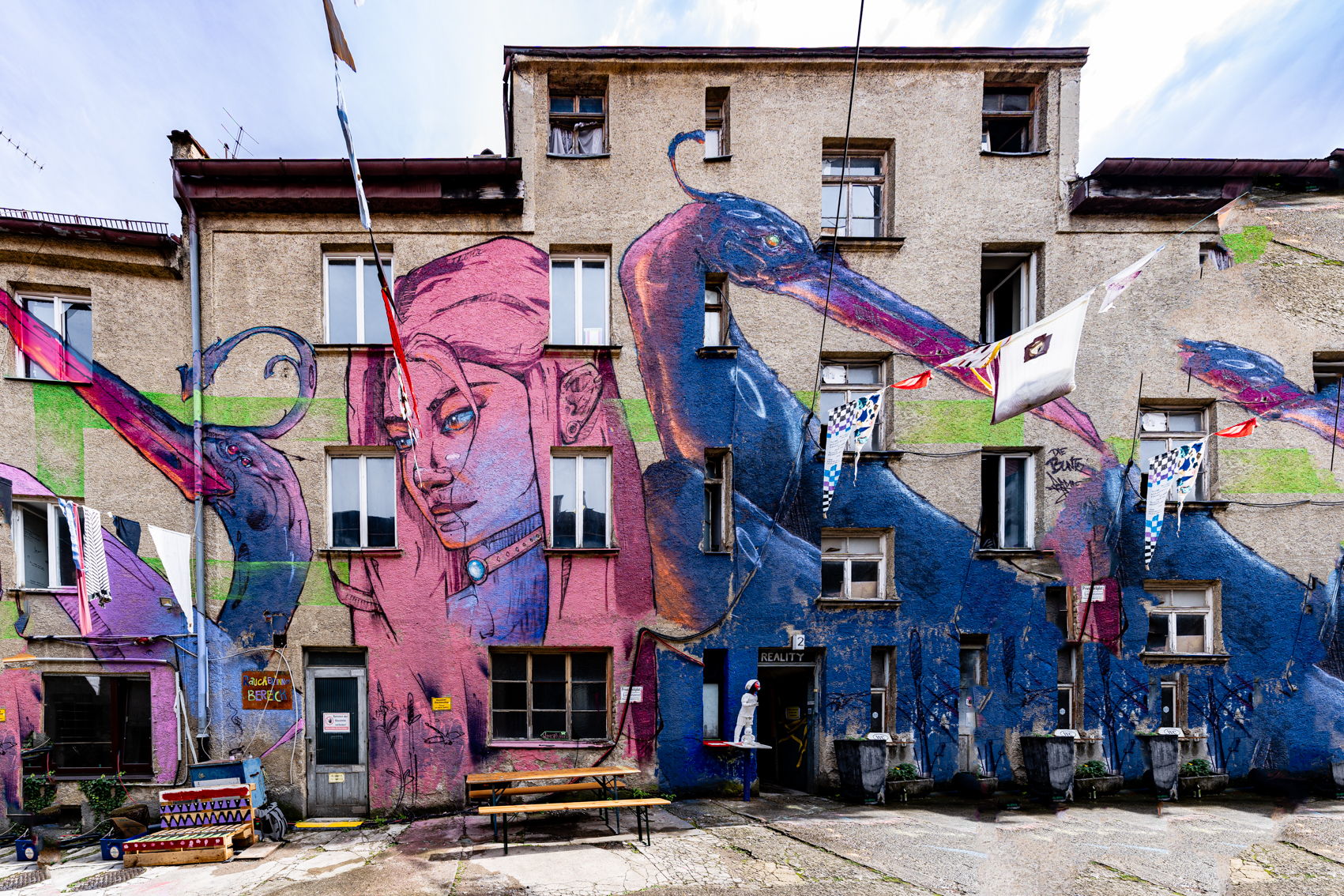 Bild 1 Die Bunten: Graffiti an der gesamten Hauswand der beiden H&auml;user. Eine Frau in Seitenansicht in den Farben rosa und lila, am Hals stellenweise blau. Sie blickt nach links, rechts und links von ihr sind zwei V&ouml;gel mit langen Schn&auml;beln in gr&ouml;&szlig;tenteils Blaut&ouml;nen. 