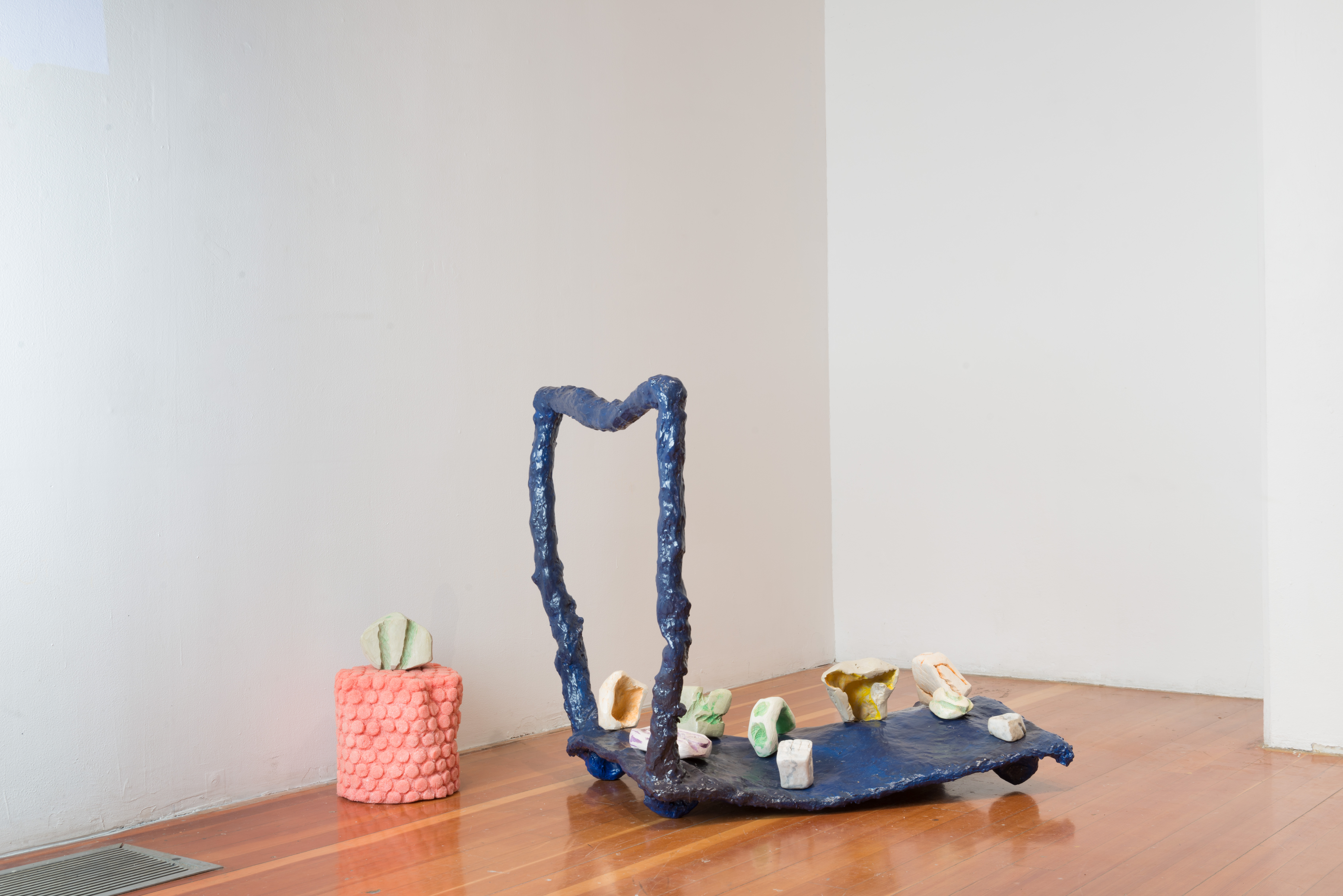 lover is a day, 2018. Forton, enamel, unfired clay, pigment, and wax. 36” x 28” x 35.5”