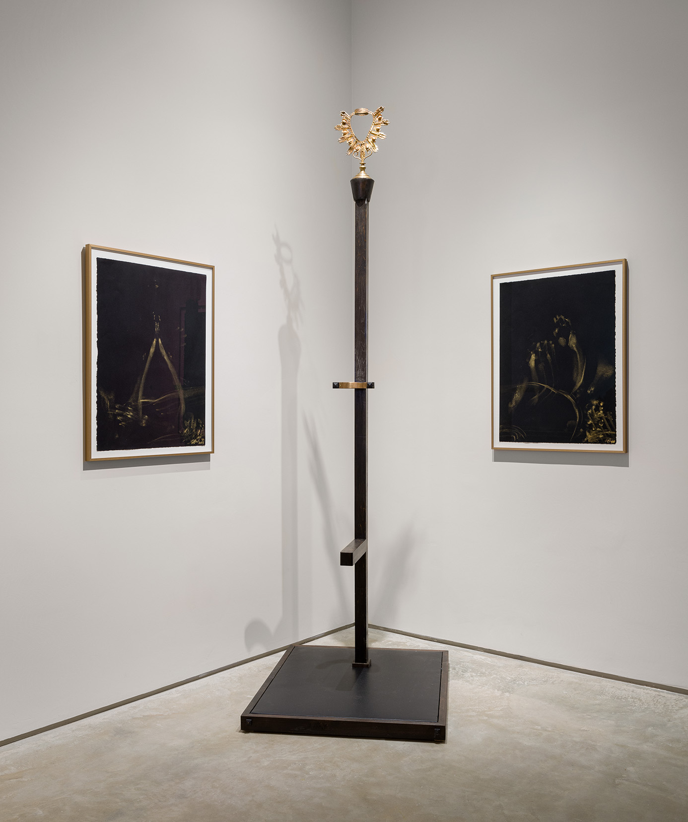 Joseph Liatela, "Consecration," 2022, wood, leather, copper, iron, 1800's Catholic monstrance 30 x 36 x 97 &frac12; inches.  Commissioned by George Segal Galleries for Montclair State University Galleries. Photo by Etienne Frossard. 