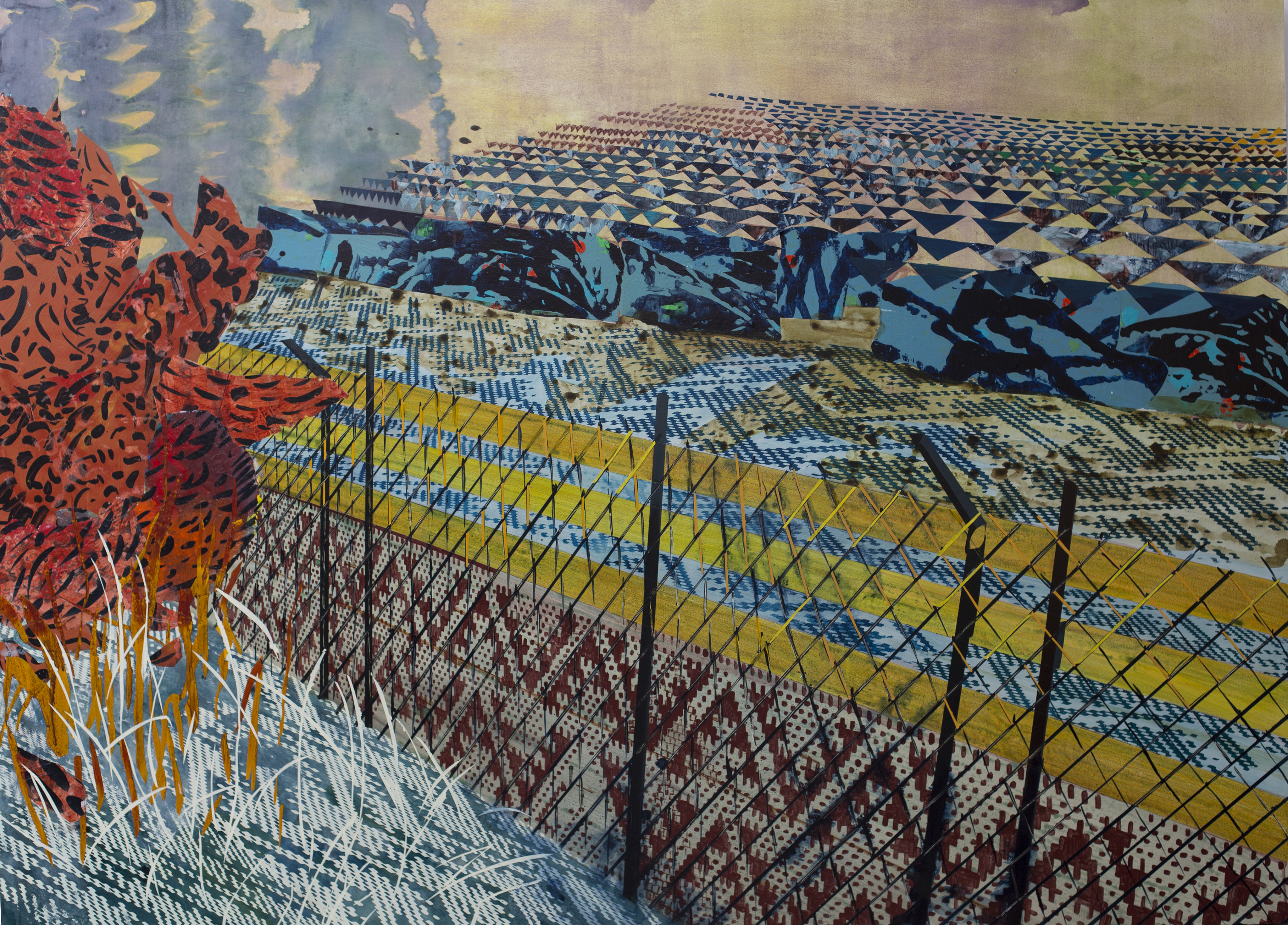  West Coast Tomato, Acrylic, paper and screen print on panel, 46"x65," 2014