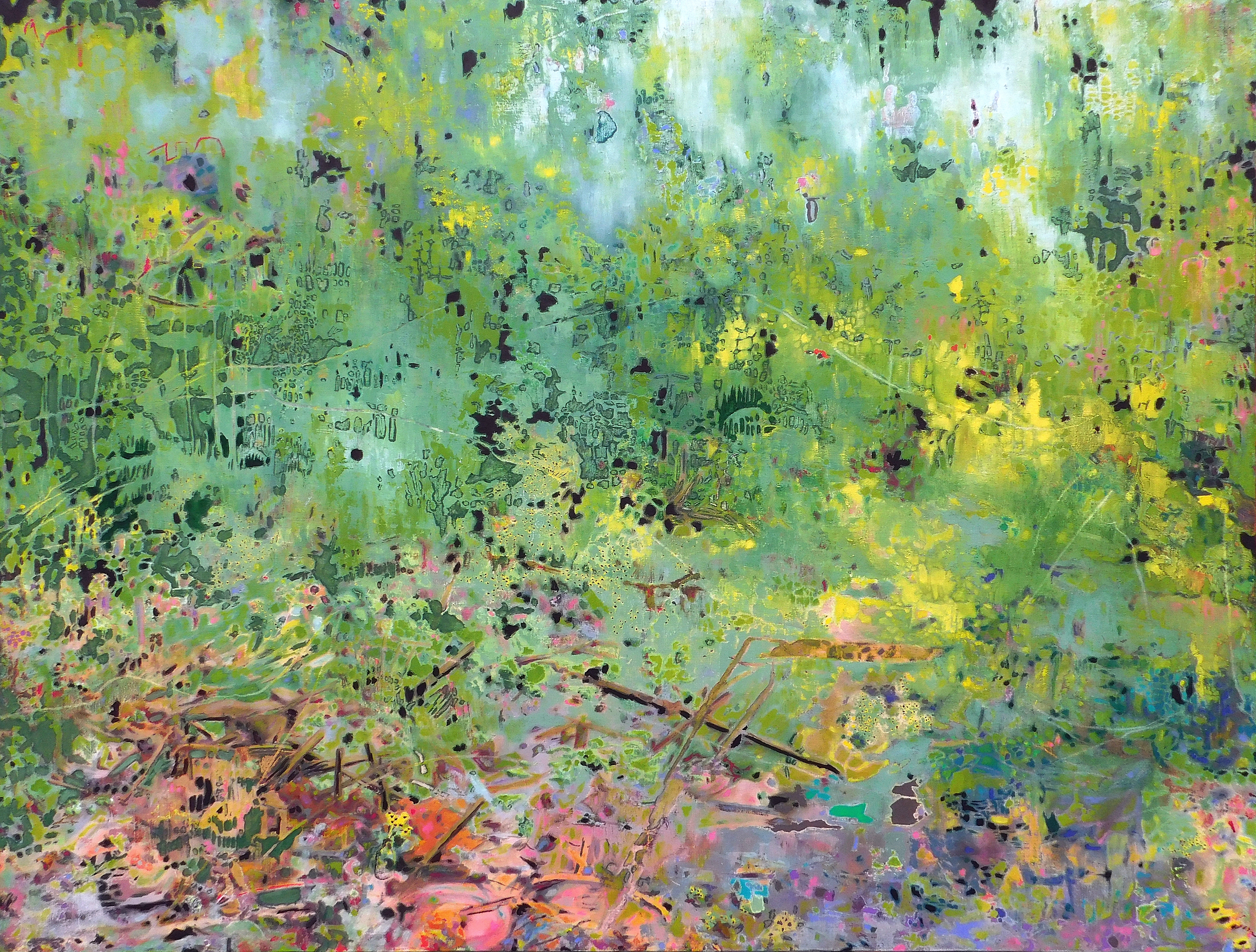 crumley ranch backyard with dishes, sticks, construction materials, daisies - midsummer | oil on linen | 32 x 42 inches