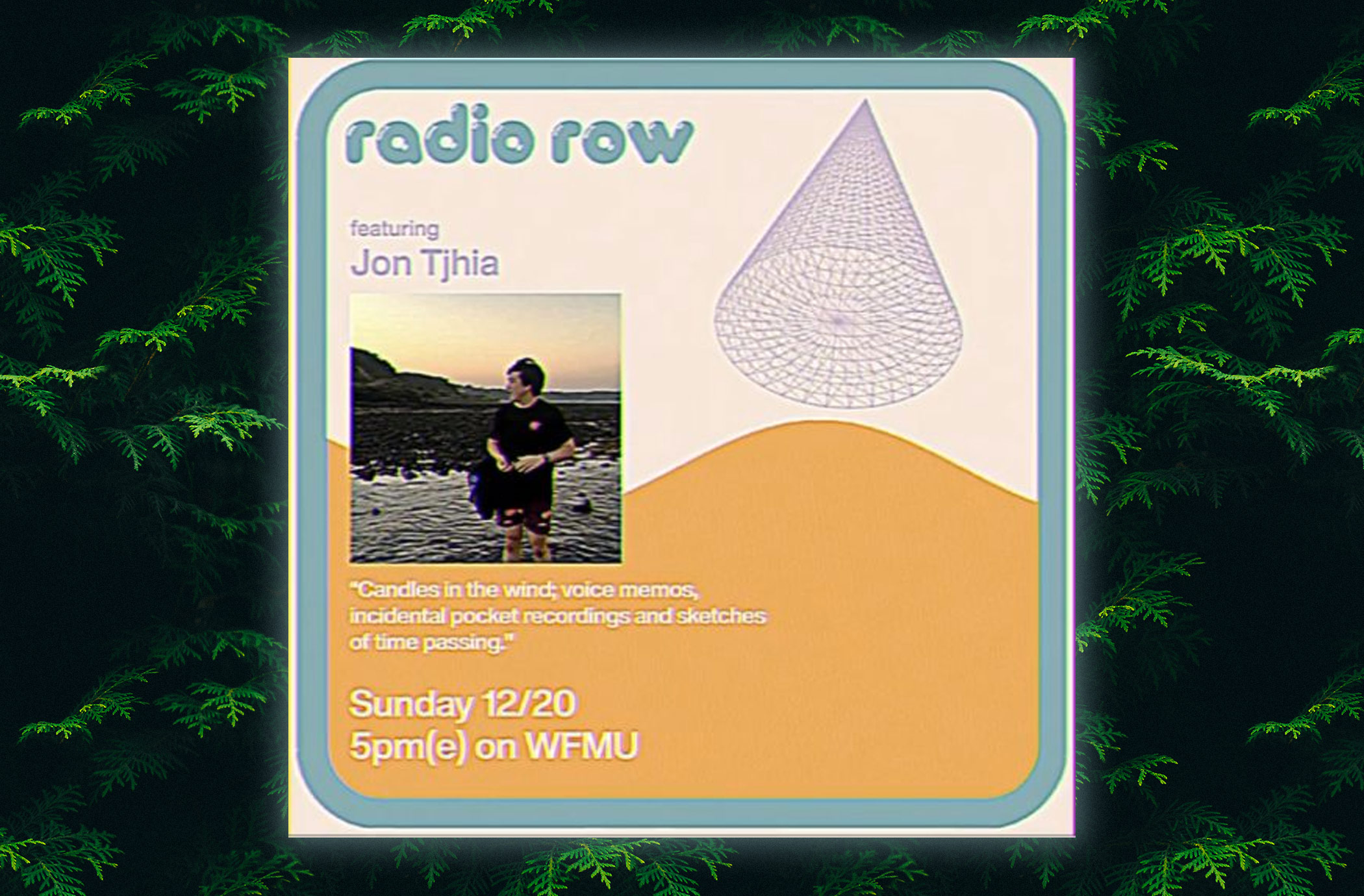 Tile image of a botanical background with a square tile in the middle, showing text: 'Radio Row featuring Jon Tjhia'