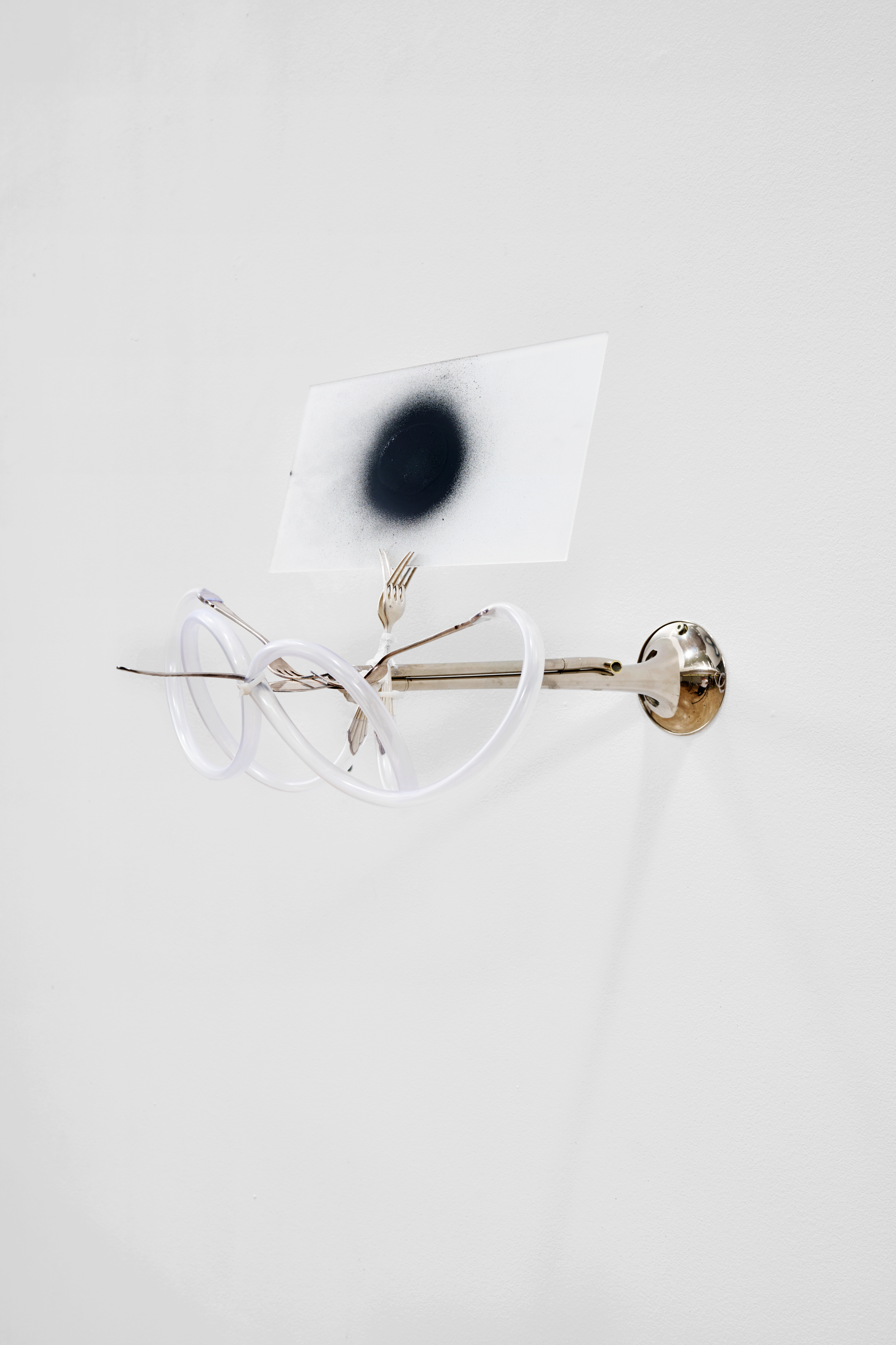 Velleity, 2025 Silver-plated horn, pvc piping, silver forks, silver cake slice, acrylic plastic and spray paint 50 x 36 x 66 cm 19.7 x 14.2 x 26 inches