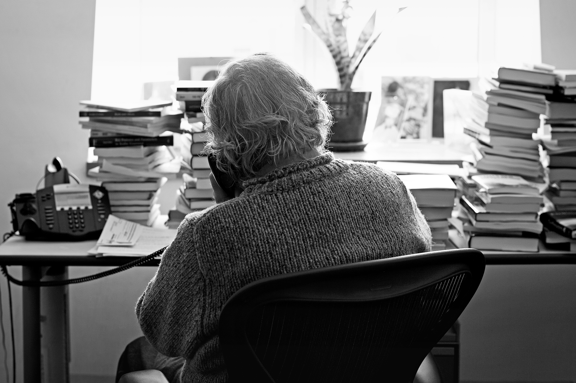 Noam Chomsky on the phone at his officeBoston, United States, 2013