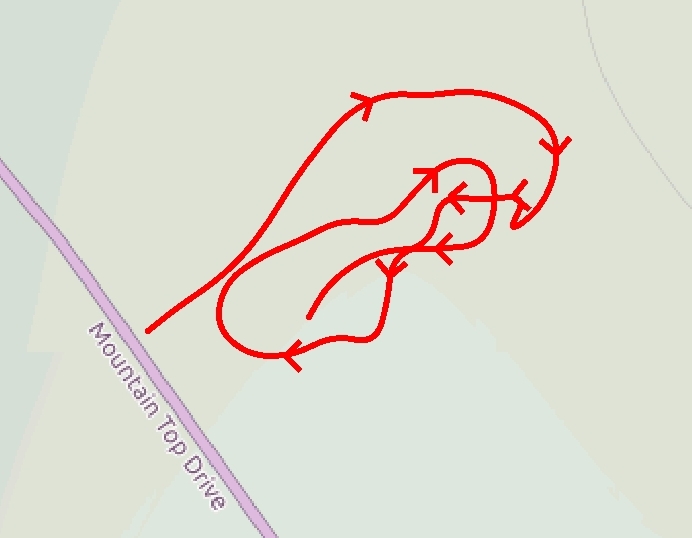 A red line shows a squiggly route from Mountain Top Drive