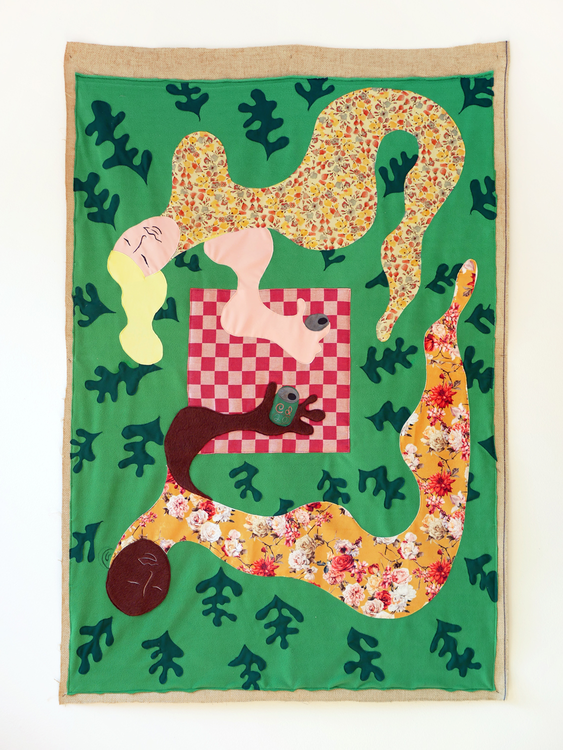 The picnic at the Matisse garden, 2020Various fabrics sewed collage145 x 103 cm
