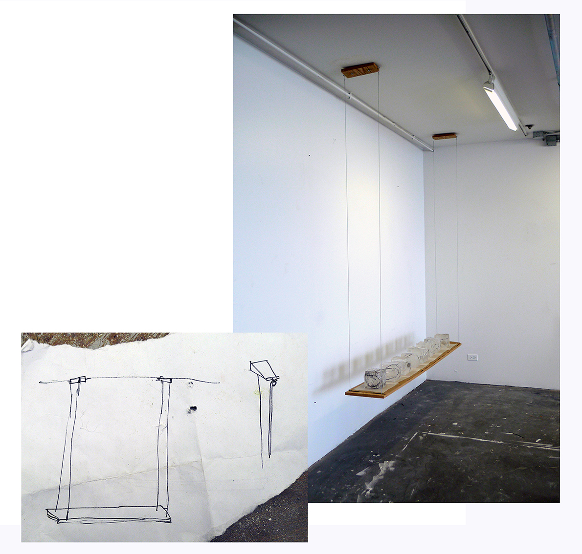 2/2 — BANDERSNATCH/THE TAMING OF THE SNARK.  The eight individual Bandersnatch sculptures are hand-cast in ballistics gel, a mostly translucent material representing the density of human flesh. The material is often used for weapons testing and the evaluation of wound penetration. Bandersnatch (One) from the installation The Hunting of the Snark, which is composed of eight sculptures. Each piece measures approximately 16 cm x 16 cm x 16 cm; the suspended shelf is approximately 30 cm x 3 cm x 214 cm and hangs 188 cm from the ceiling. Ballistics Gel with suspended stainless-steel band saw blades, oak panel, wire, tracing paper, kraft paper, soap, razor blade, 2013.