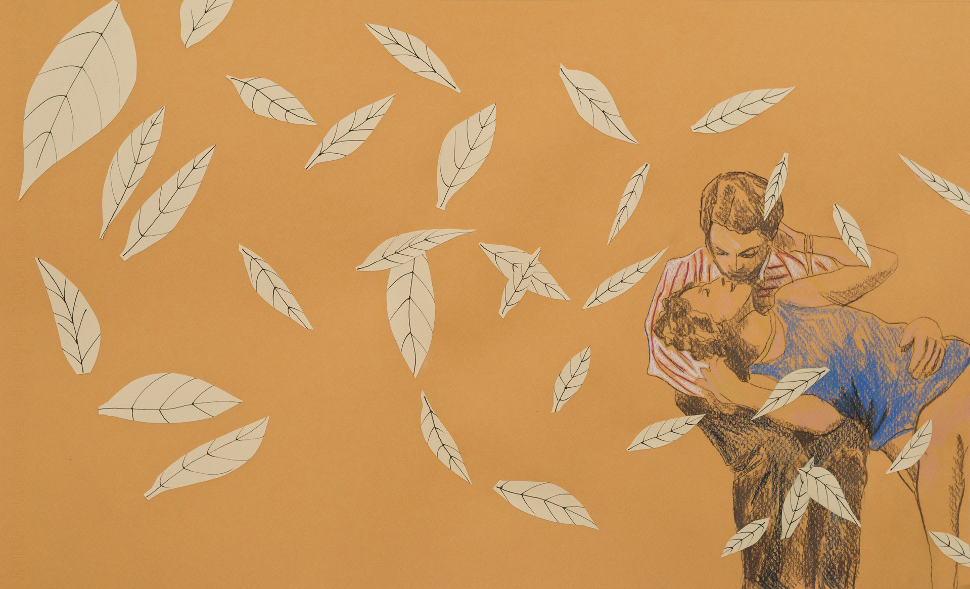 El Beso. 30.3 x 50 cm. Papel cortado y lápiz de color sobre papel