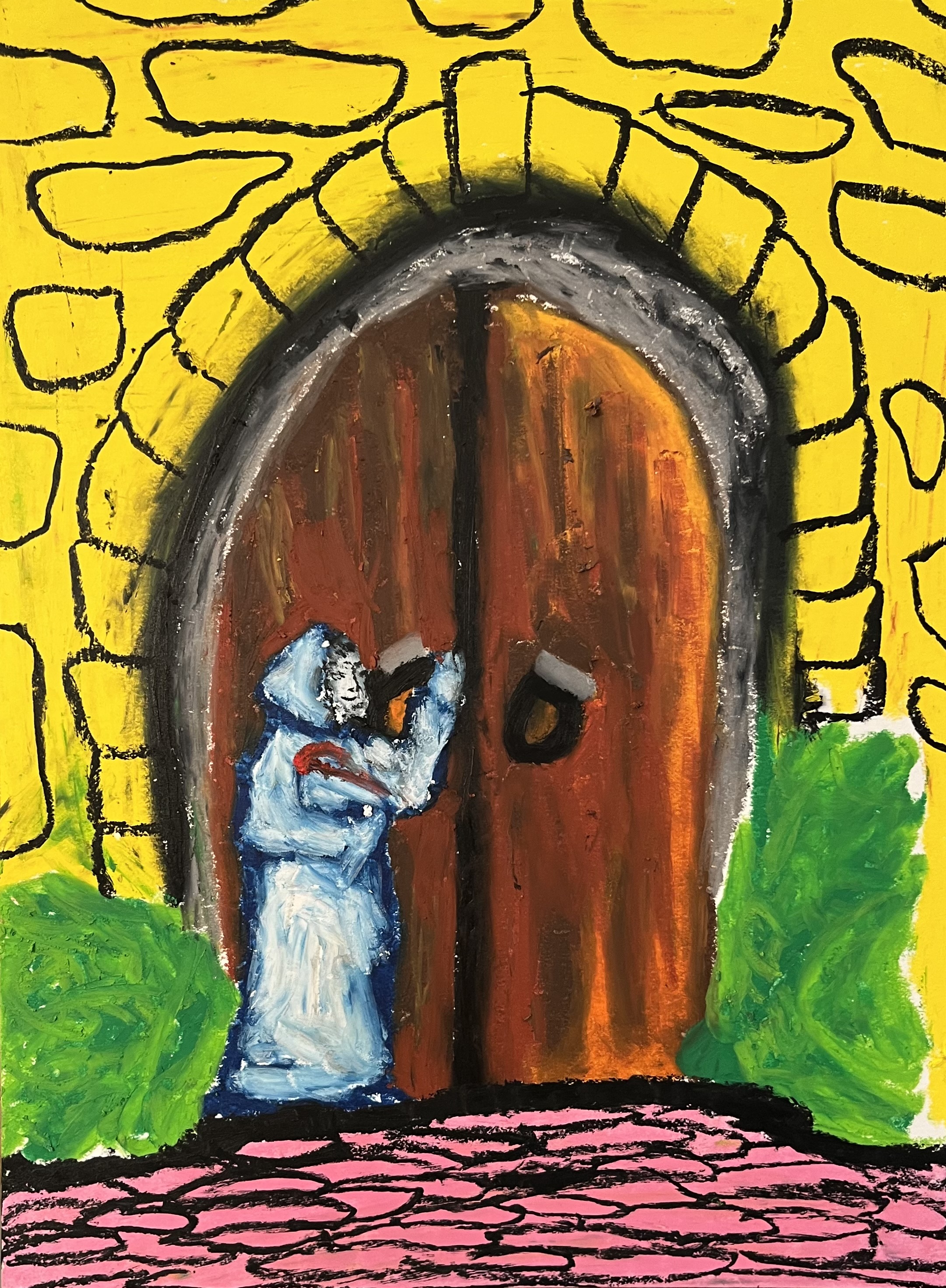 Knock first, oil pastel on paper, 2022
