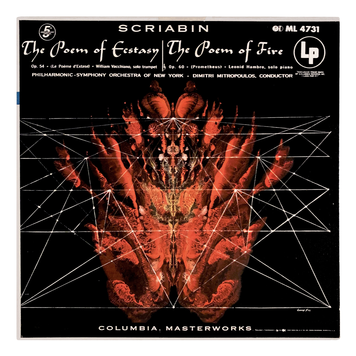 Columbia Masterworks ML 4731 Alexander Scriabin - Le Poème de l'extase, Op.54; Prometheus: The Poem of Fire, Op.60 New York Philharmonic - Dimitri Mitropoulos William Vacchiano | Leonid Hambro Design: Gray Foy (credited)