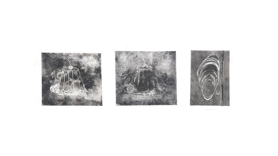 A curated survey of printed works generated over the course of a single semester, cataloged as an organic web of concepts, techniques, mediums, references, and motifs. The print methodologies collected include wax rubbings, monotype, charcoal sketching, katagami stencil cutting, risograph, mokuhanga woodcutting, screenprinting, collograph, and copperplate etching: Mixed media, 2023