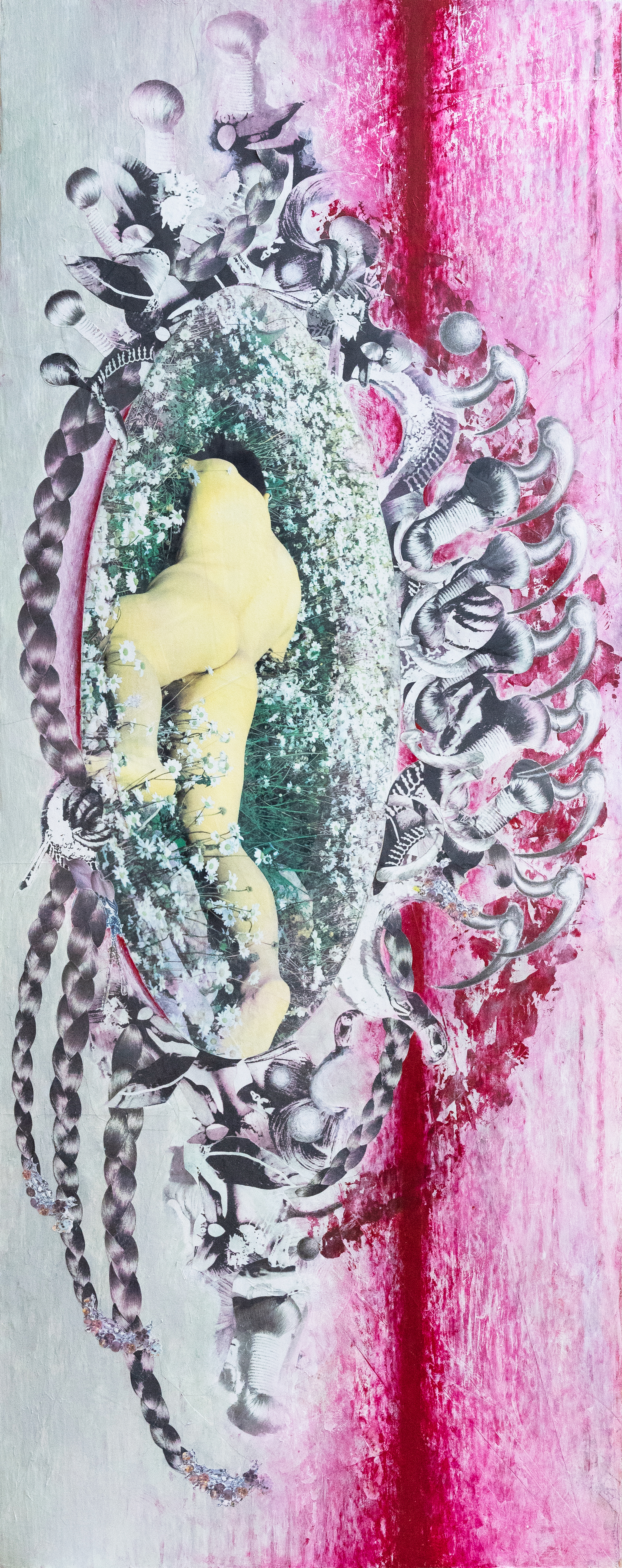 Braided Love Mirror, Acrylic and Pencil on Photo Collage, 51*128 cm, 2024