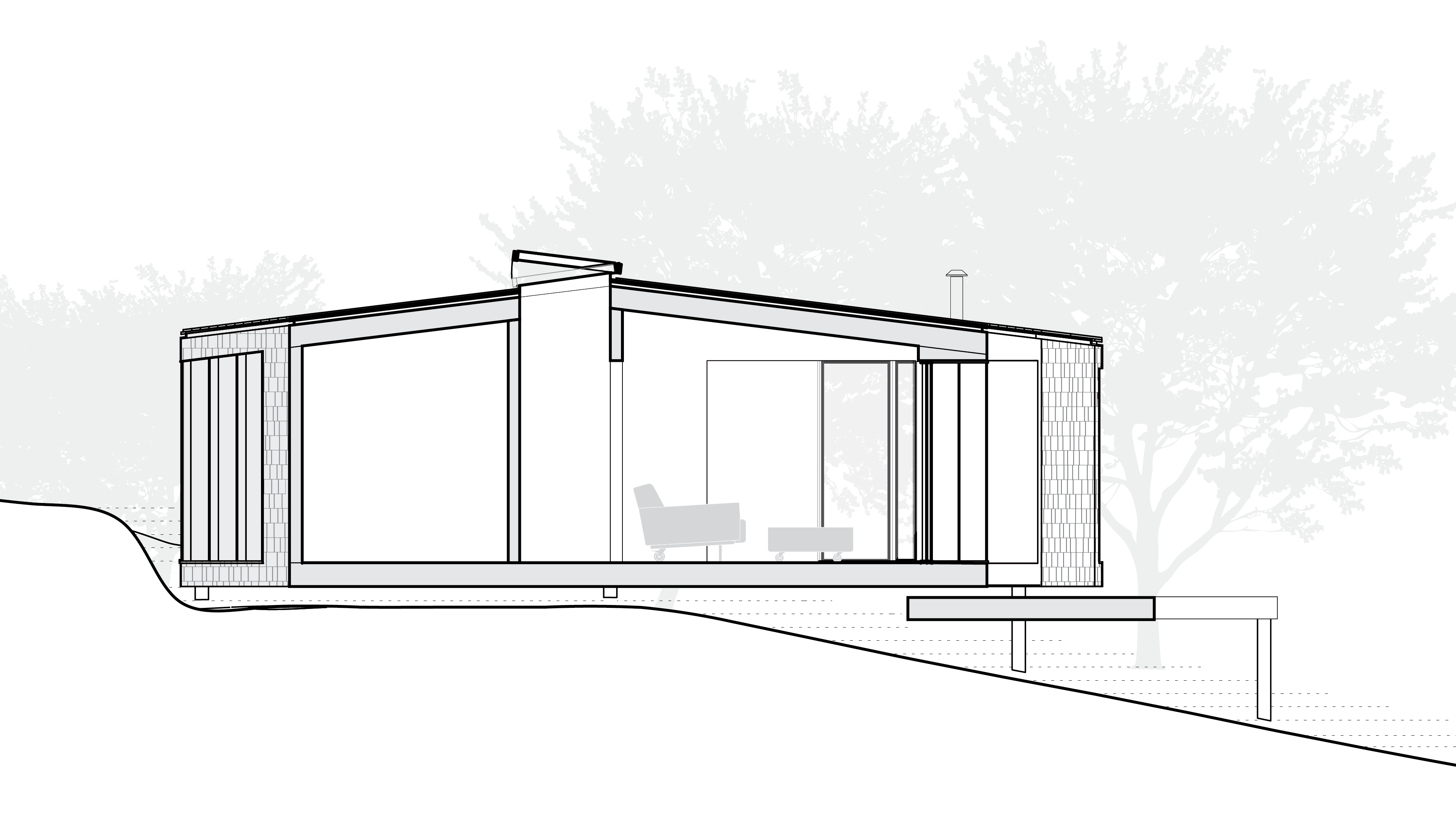 The house has a low slung roof pitch—enough to shed water, but not enough to affect the heating bill. An outdoor deck cascades down the hillside to extend the living space into the landscape.