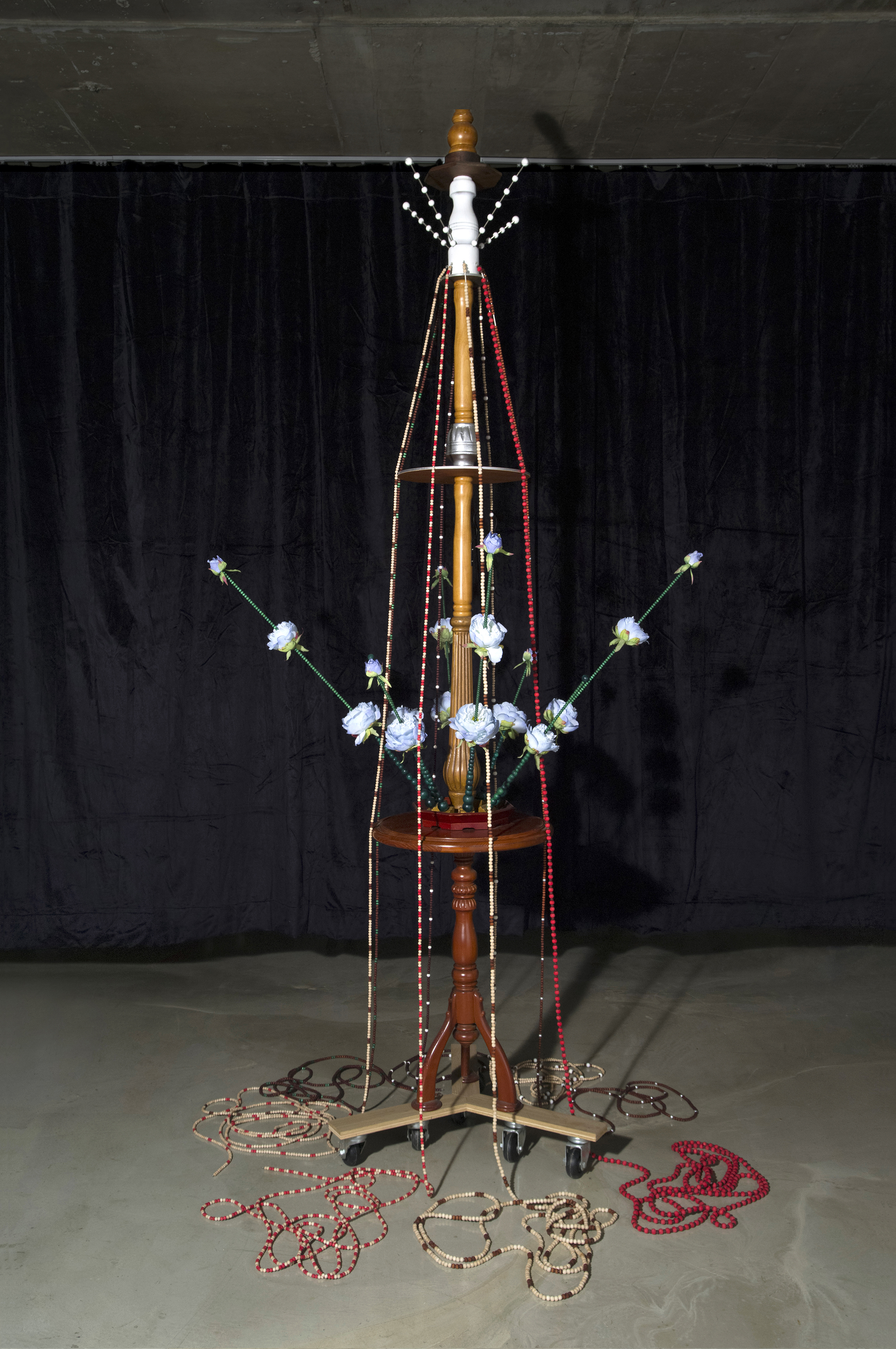 Skin_Layer / Collected objects, wood, marvel, artificial flower, wheel, bell,  140*140*291(H)cm, 2022