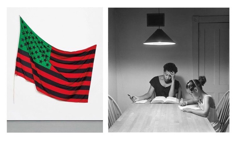Images (L to R): David Hammons, African American Flag, 1990 & Carrie Mae Weems, Untitled (Woman with Daughter) from The Kitchen Table Series, 1990