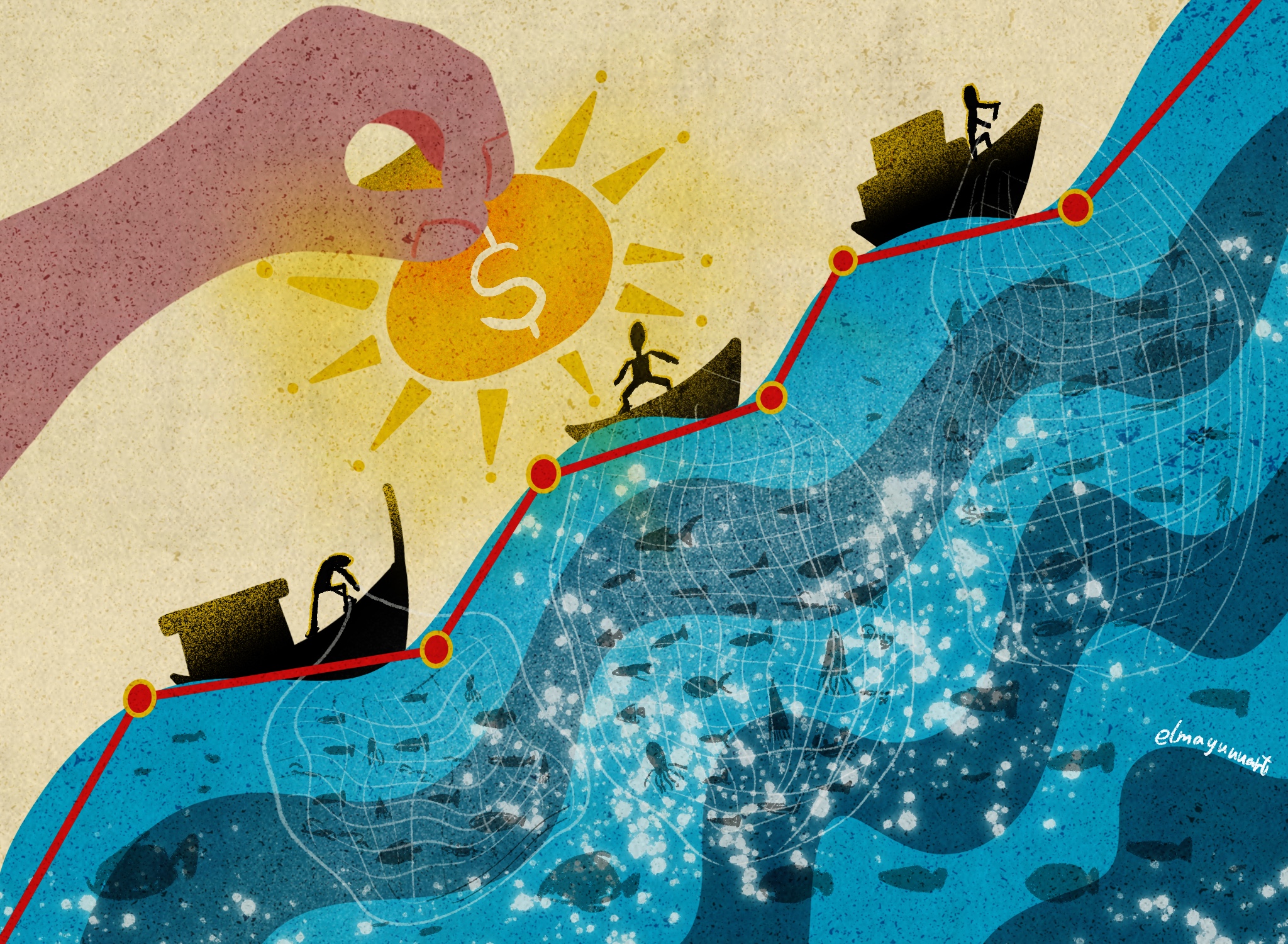"Financial support for fisheries"(Personal project).  This illo was inspired by the article in dayoo.com.