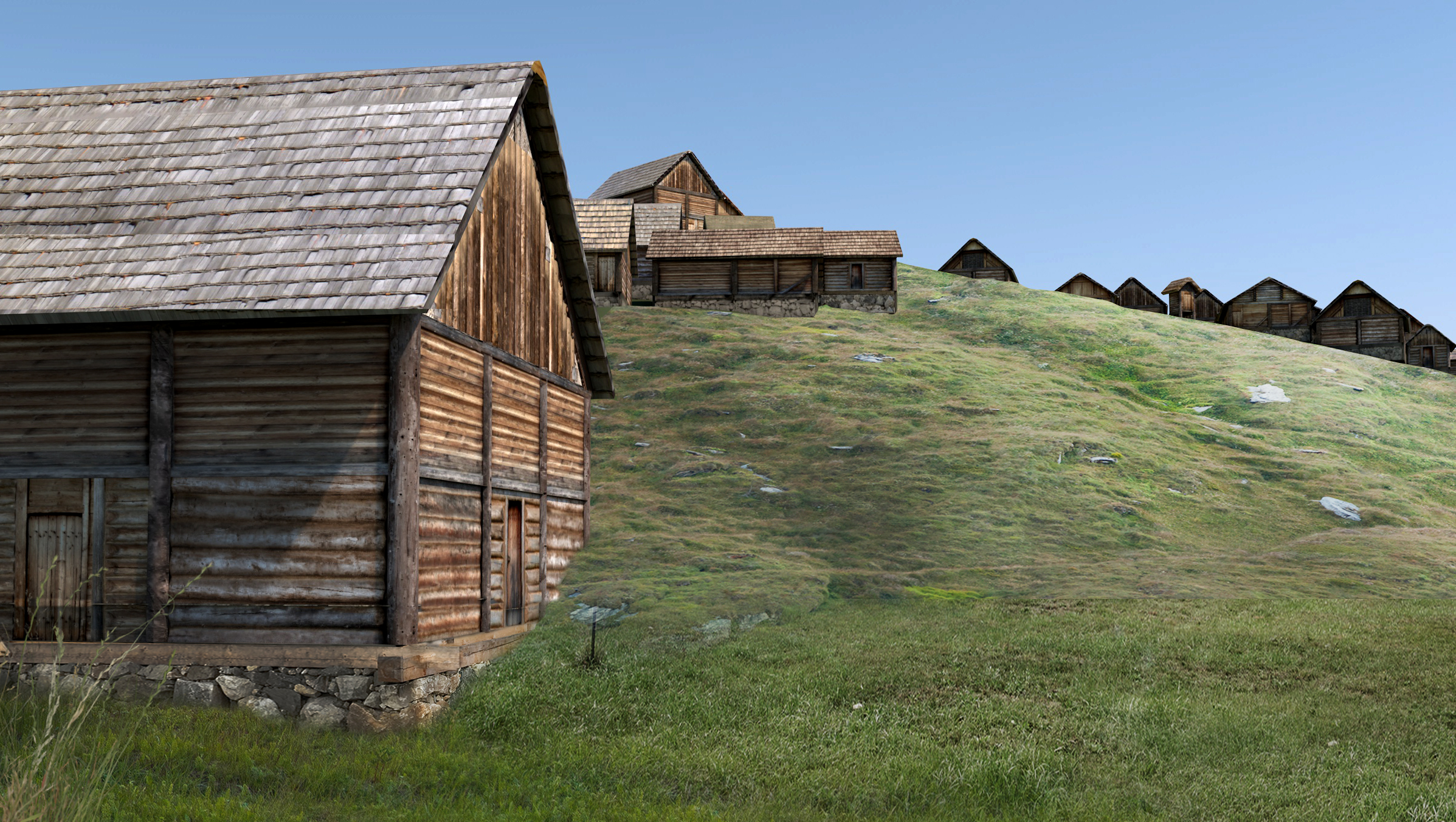 An photograph montage of the hill combined with 3D models of the ancient houses.