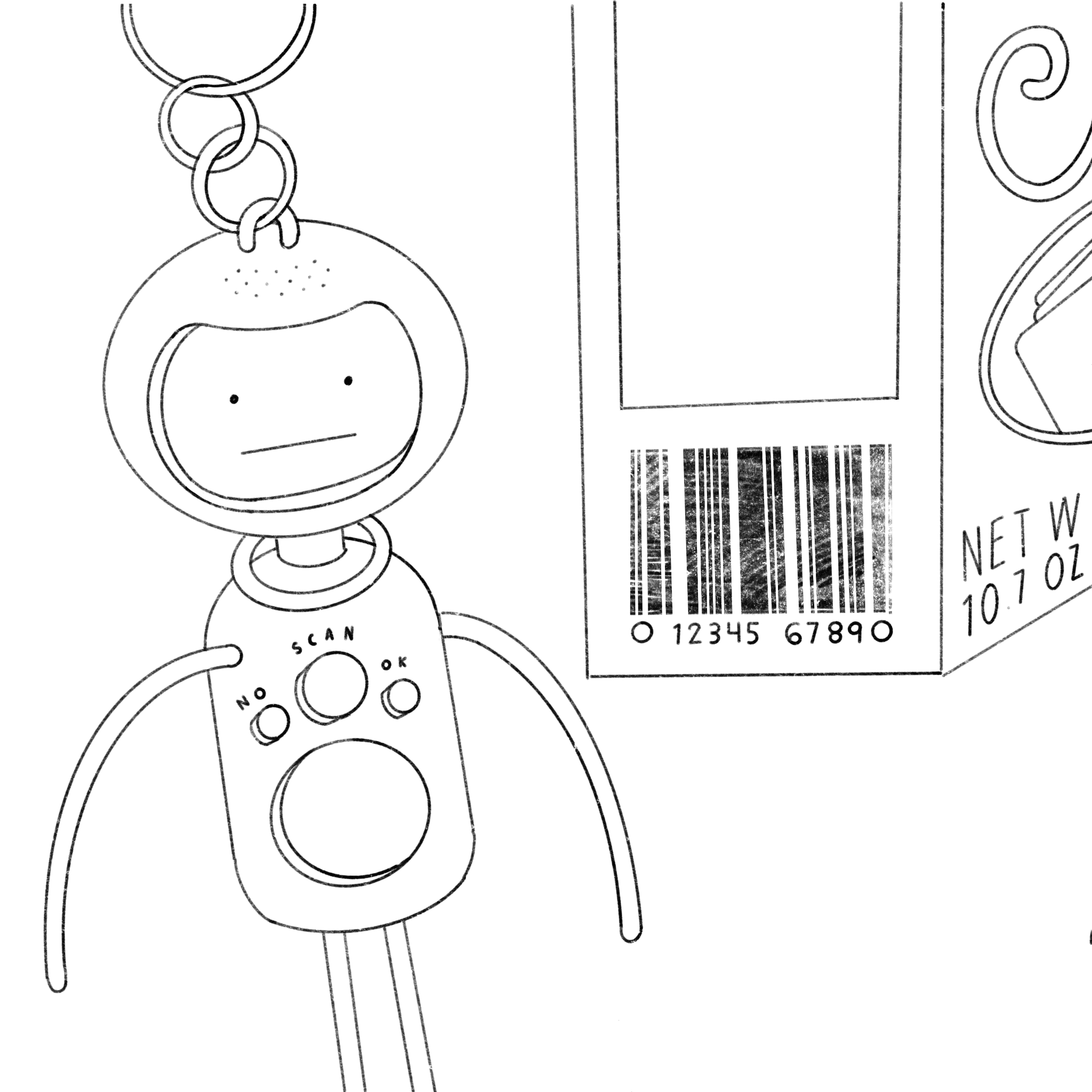 Illustrated GIF prototype of BuyBot, a sustainability-minded shopping tool: Procreate, 2022
