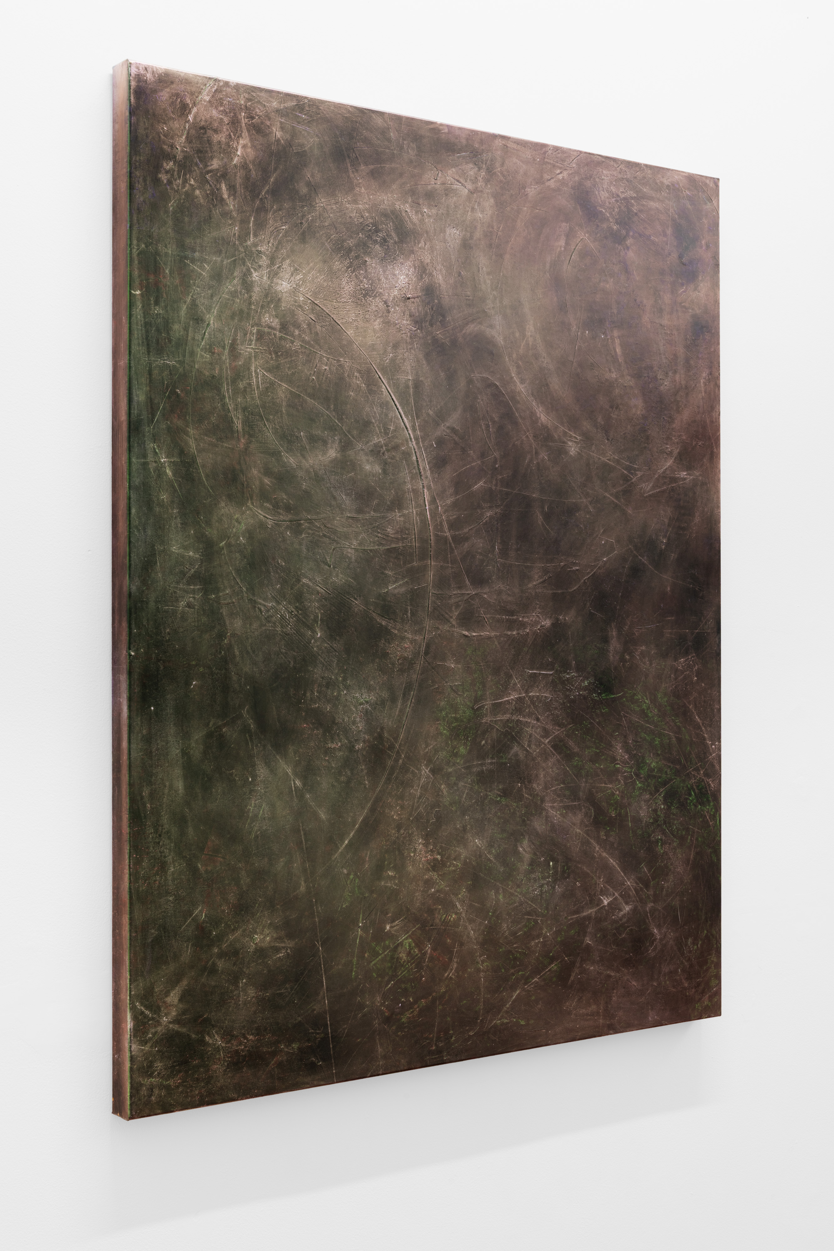 Mineral Painting (Inside the dark cave glimmer)", Bronze, malachite, nickel, phosphorescence, acrylic on linen, 123 x 96cm. Photo: Laura Moore 	