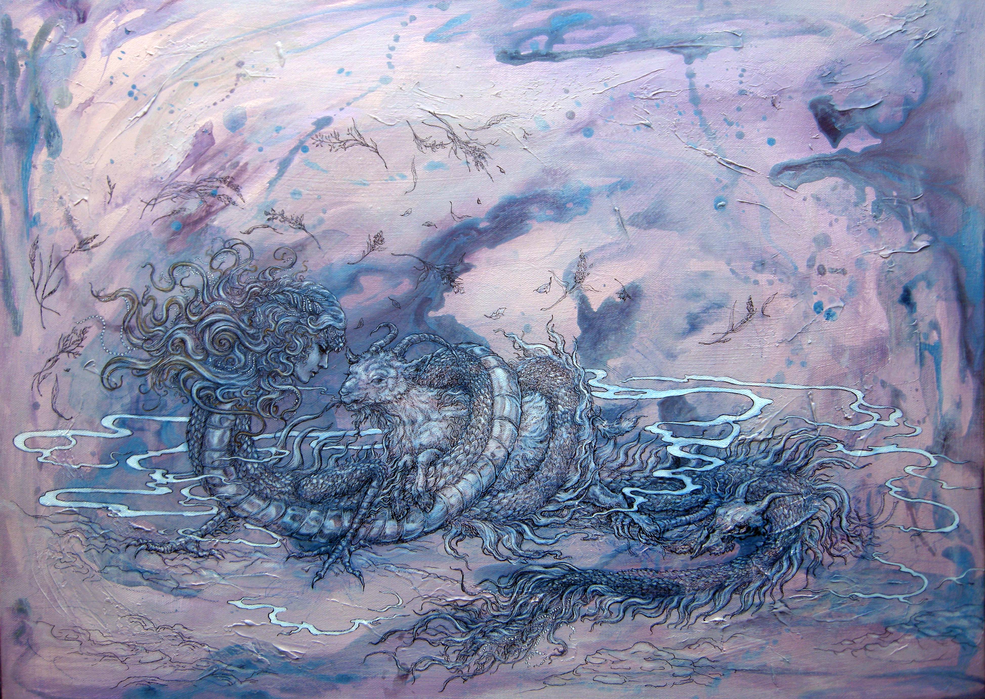 Ritual for the Mountain Goddess - The Offering 山神的祭典:祭品(1). Waterproof fine liner, colour pencil, acrylic on canvas. 50 x 70 cm.