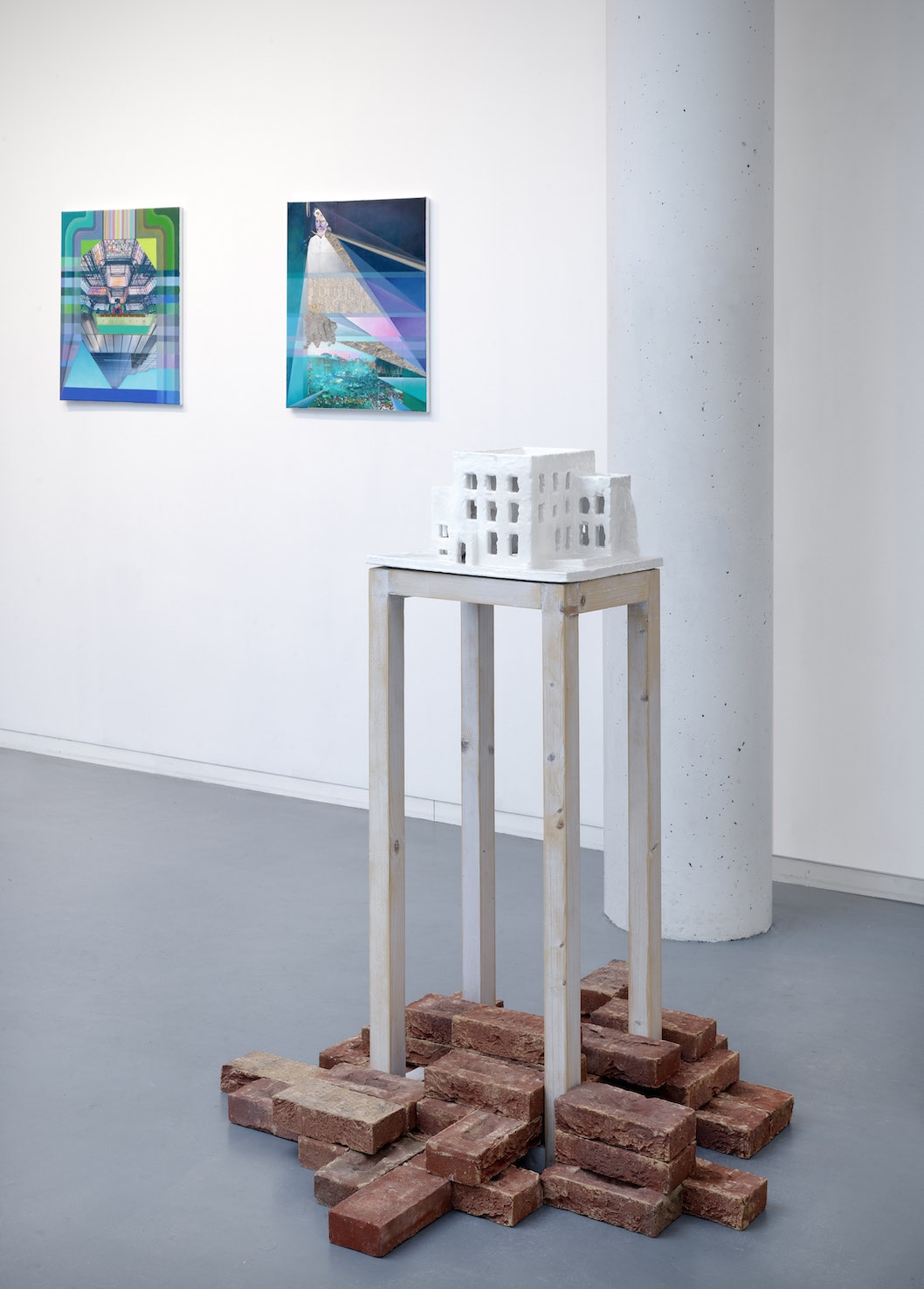 Anna Ostoya, Stained Glass, 2016, Uncle Me in a Maidan Cloak, 2016 / Oscar Abraham Pabón, High purity, monument to Ludwig Wittgenstein, 2014, 43 clay bricks, wooden pedestal, ceramic