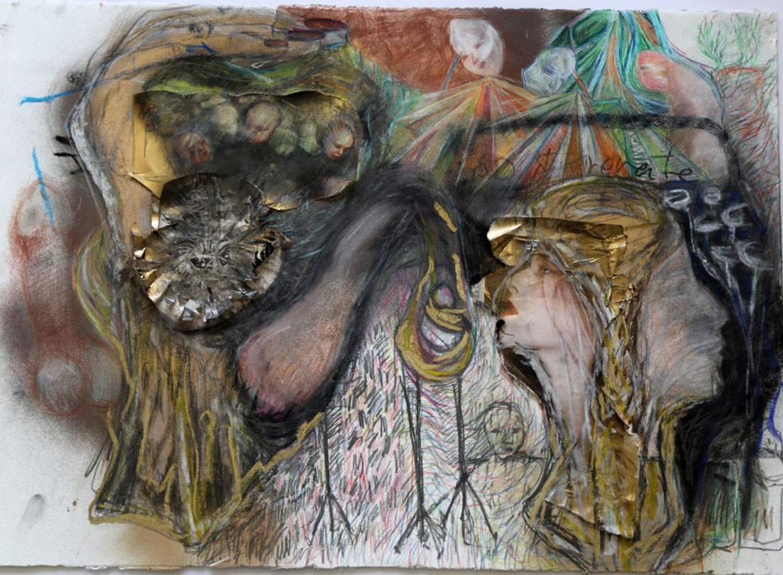 Tea 2016 - Collage, crayon, craie, spray, cire et coquillages. 65x87 cm.