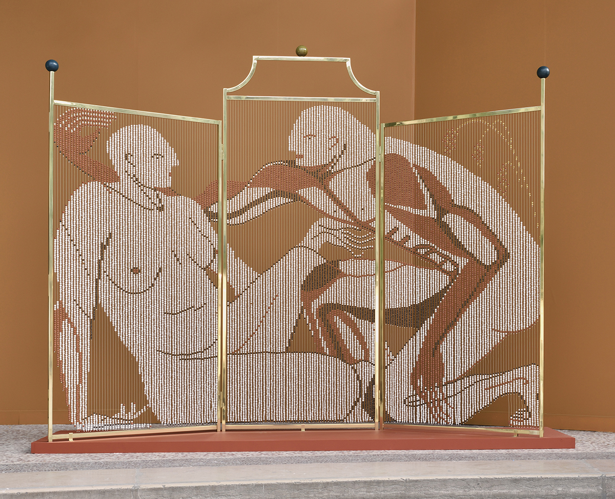 Zoë Paul, Their bodies, in fragmented in gesture (2019) | Ceramic and porcelain beads, brass, steel cable, silver, gold, 310 x 240 x 50 cm