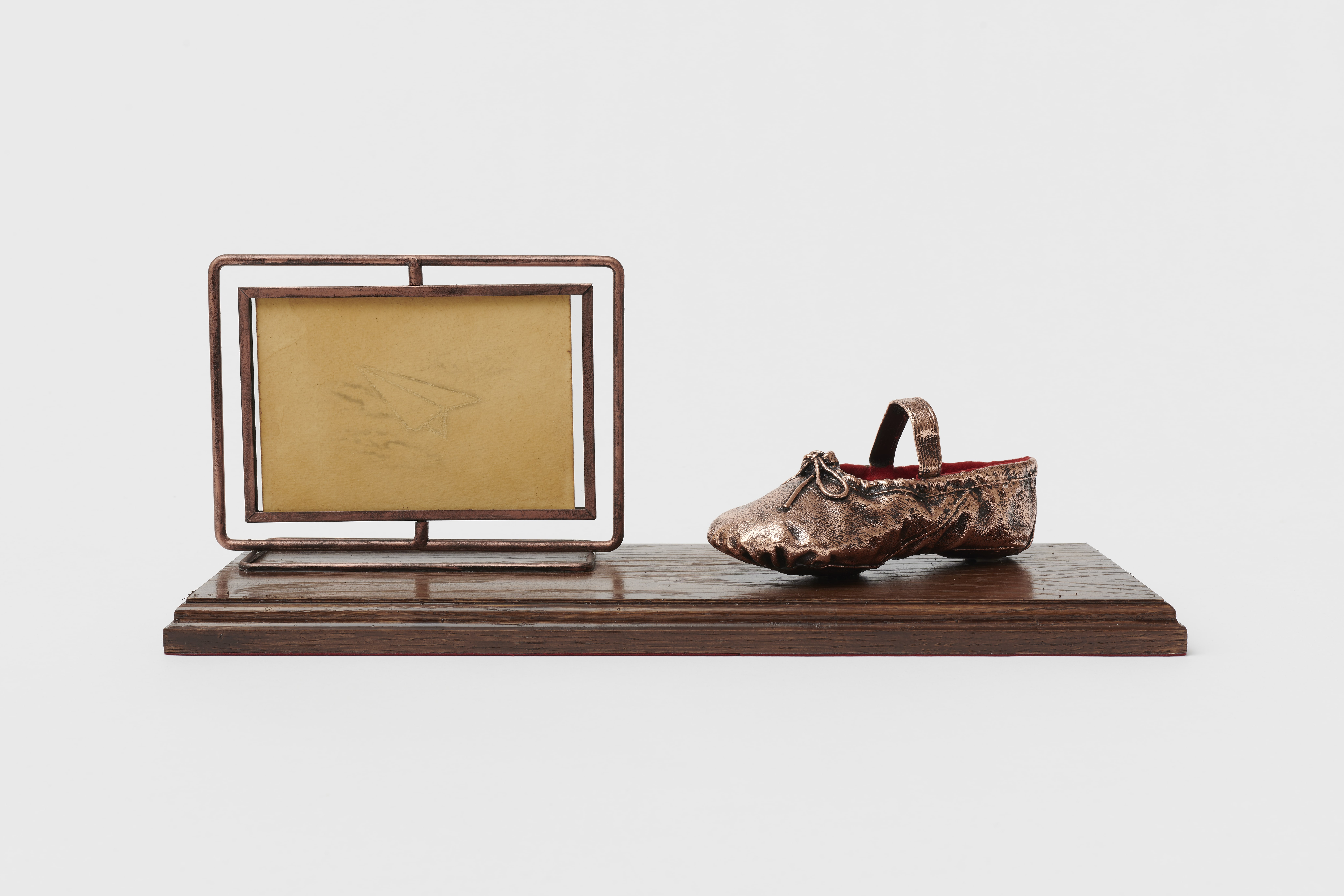 Freedom, 2023 custom bronze cast, found frames, velvet, bronze imitation paint, mahogany imitation paint, giclée print German etching dyed in instant coffee 16 x 41 x 15 cm 6 1/4 x 16 1/8 x 5 7/8 inches