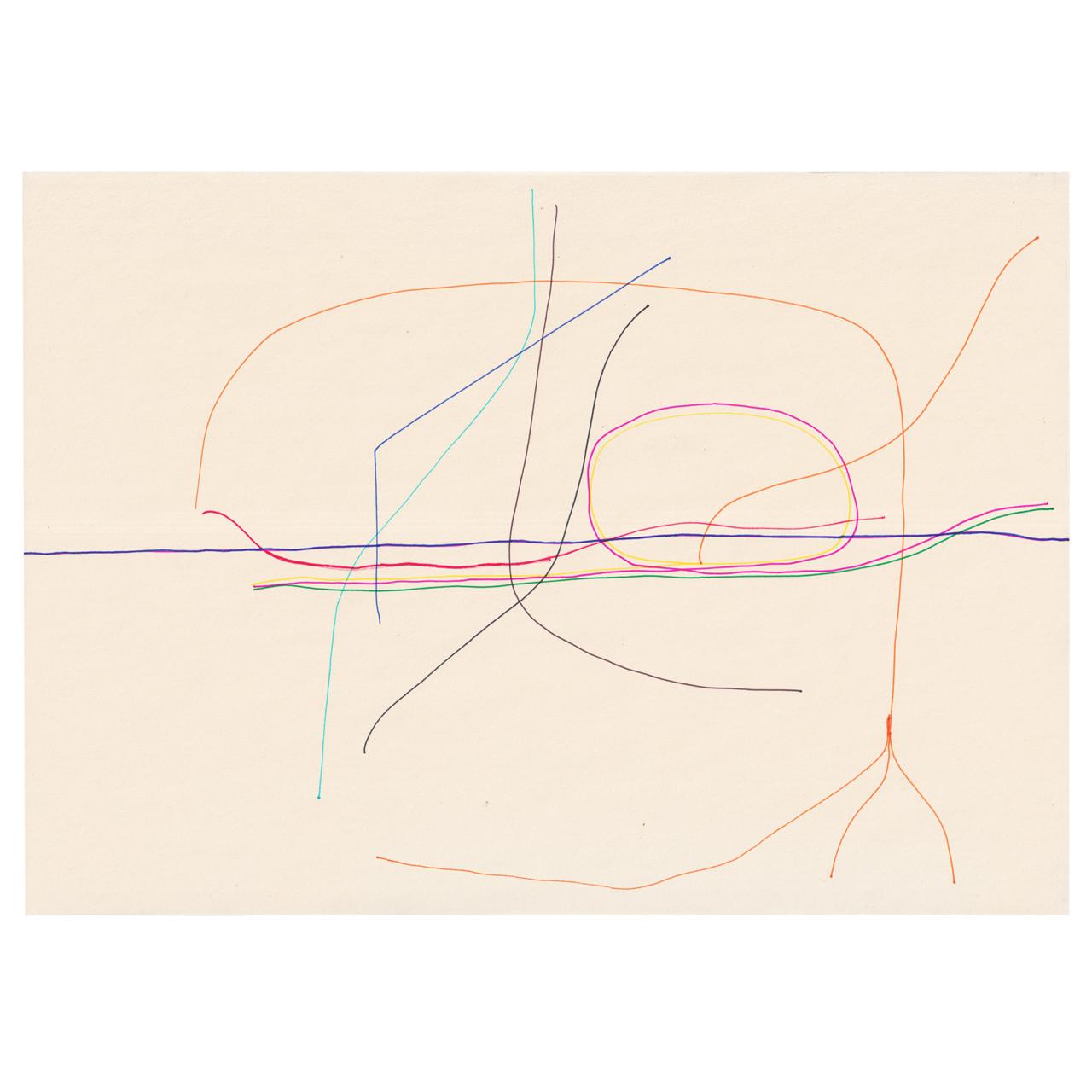 ‘TfL [Trains riso Lines/Tubes from Liminality]’. Drawing, Stabilo fineliners, 297x210mm, in clip frame. A drawing of the Transport for London map from memory by Kit Bindley @dontwillkit