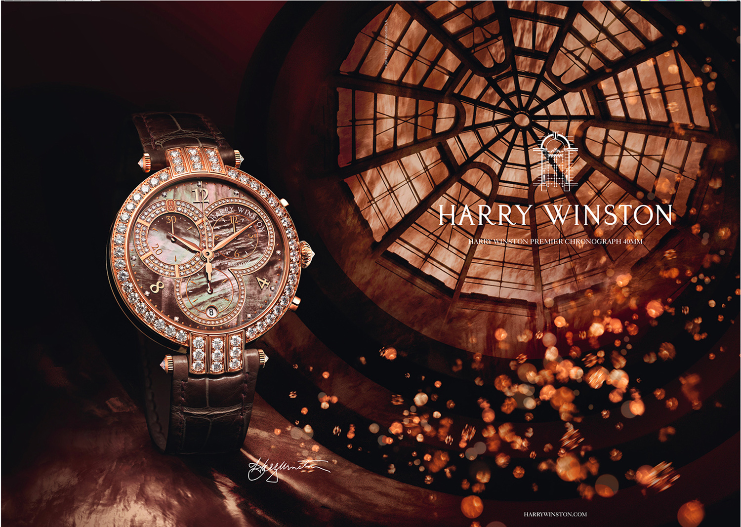 KMA photographer Isabelle Bonjean photographs rose gold glittery watch with a window in the background for Harry Winston