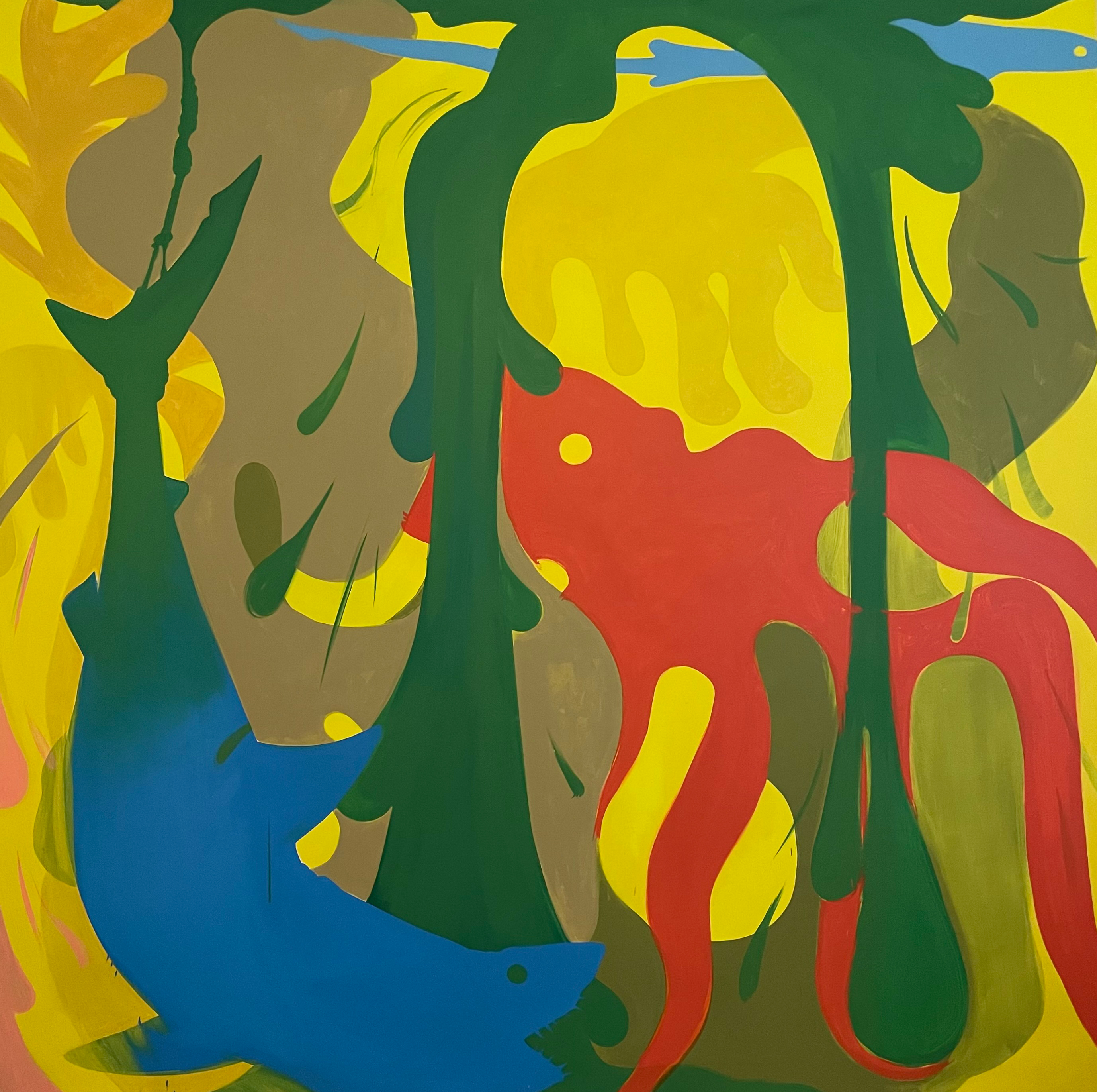 Nadir Sourgi, Carnival Shit Hands (yellow), Acrylic on canvas, 68x68”, 2022, Presented in Metonym at Bas Fisher Invitational as part of Waterproof Miami, Photo by Monica McGivern. An entanglement of forms, painted in primary colors, derivative of sea life and the human hand appears on a bright yellow background.