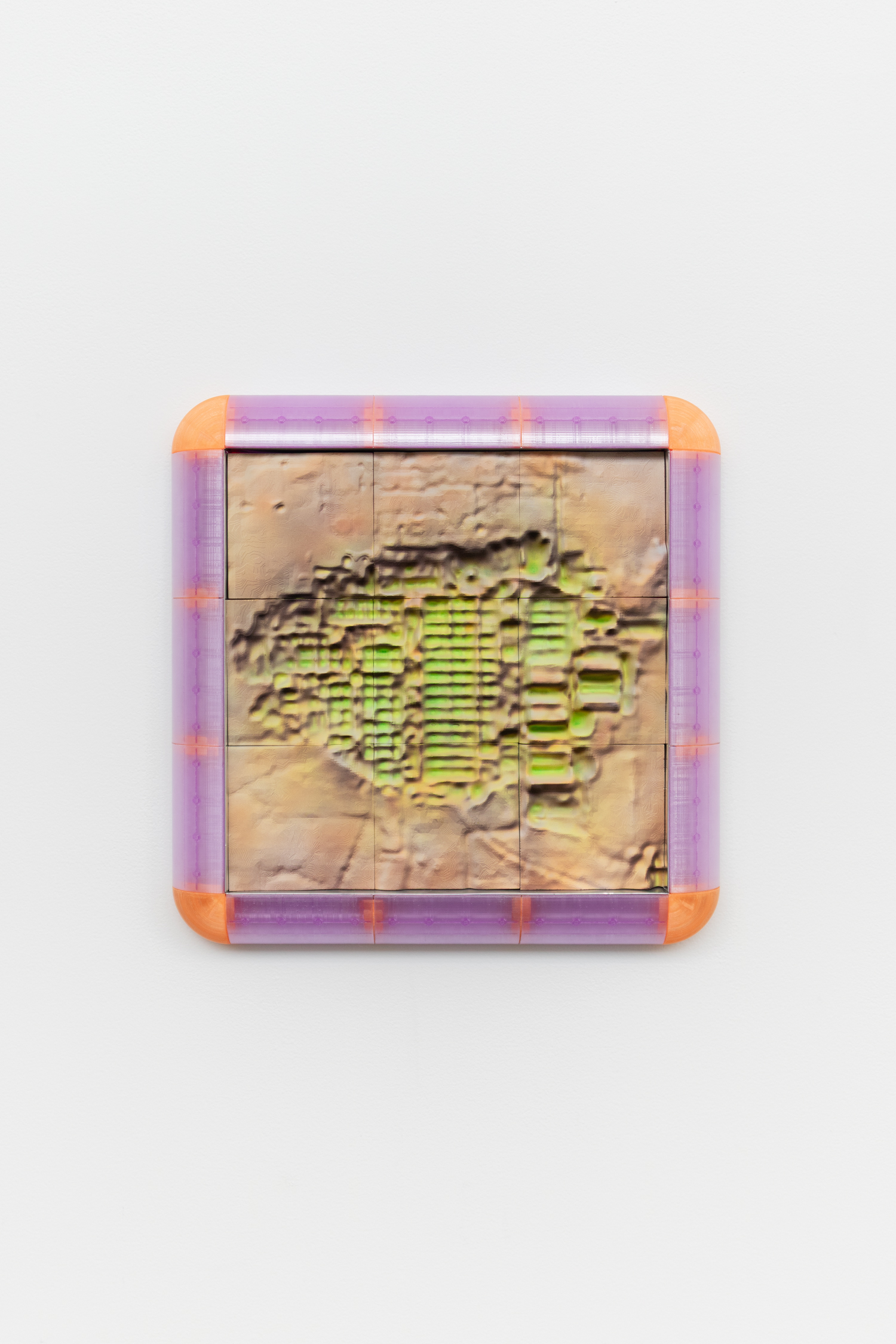 Amalia Lindo, Terraform (Sociedad Química y Minera de Chile:−23.5000, −68.2500), 2025, UV polymer resin, acrylic paint, framed in PETG filament and aluminium, 40 x 40 x 6 cm, E 1/5 + 2 AP