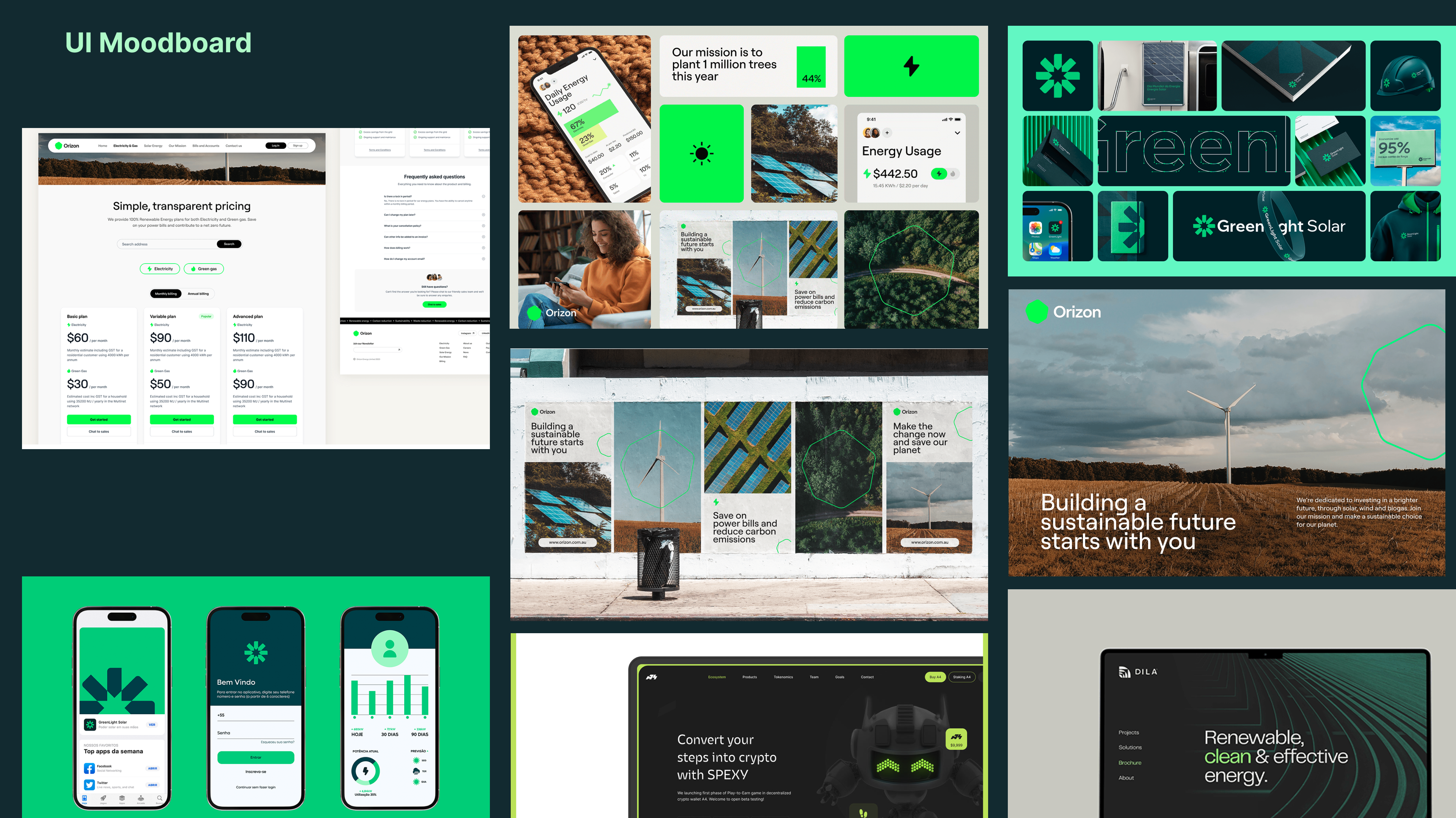 Moodboard focused on renewable energy with a green color palette.