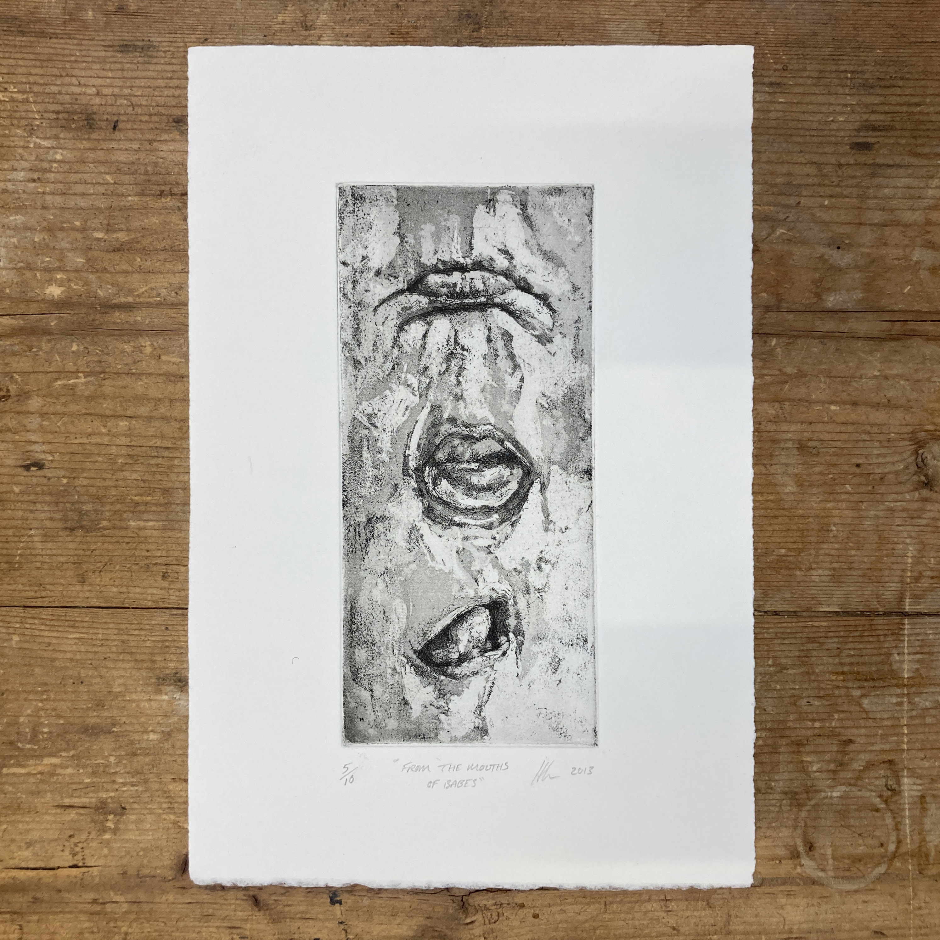 From the Mouths of Babes by Holly Graham in 2013. Etching. 19 x 28 cm approx. Edition of 10. A call, a cry, a yell, a demand to listen to truths uttered by youthful voices; wisdoms breathed from small lungs. A piece from a body of work that reflects on youth, vulnerability and collective responsibility.
