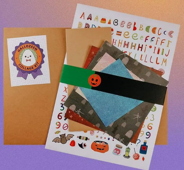 The Hallozeen collage kits Sam Riegl put together for a lockdown workshop