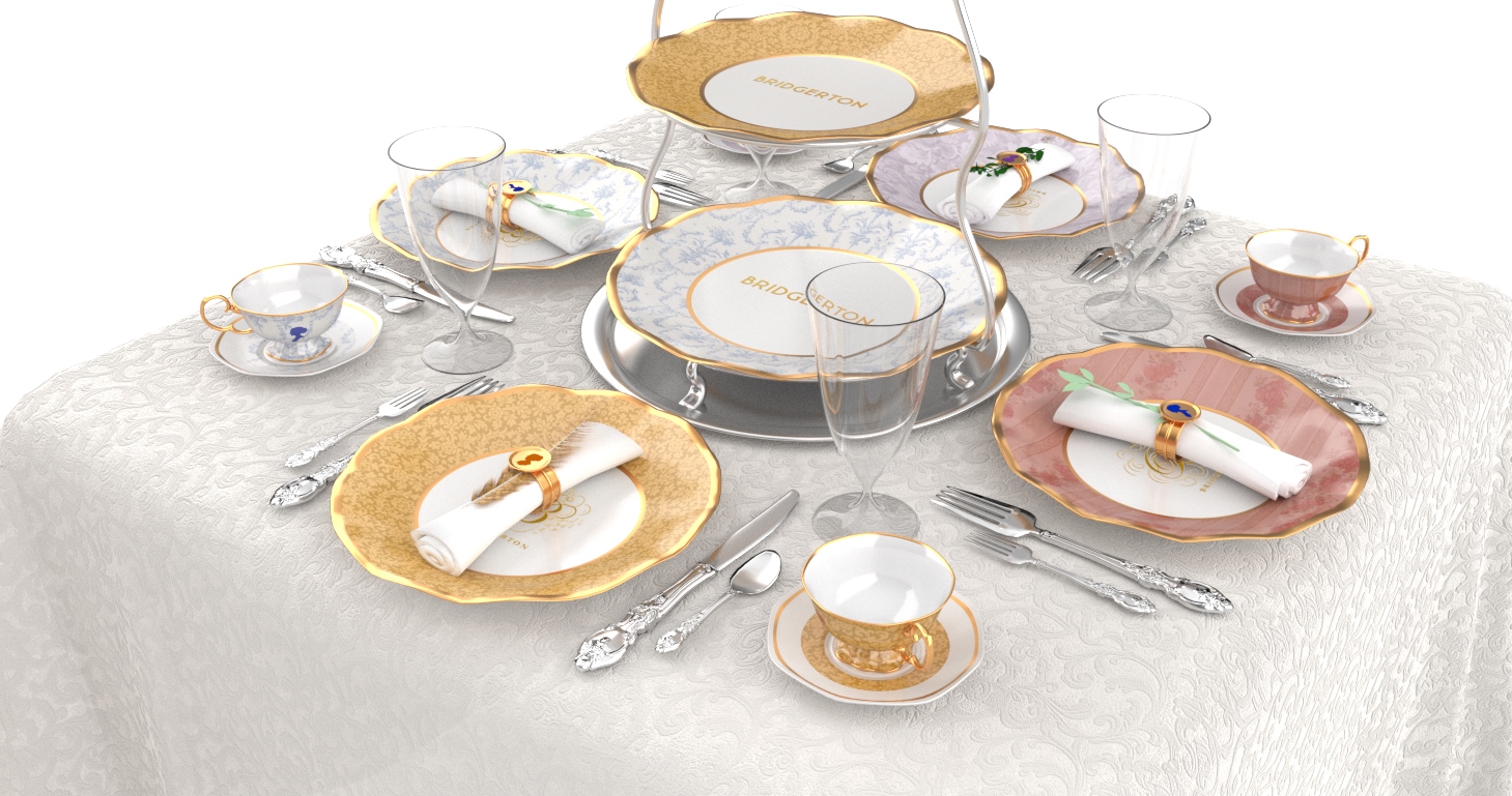 The "Dine With:" function offered 4 different Bridgerton family options - each resulting in the guest getting to "Dine With" corresponding custom china. The components of these sets are the pattern rimmed plate, matching tea cup and saucer, and napkin ring with a side profile cameo relief of the families’ principal character.