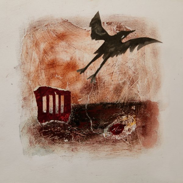 Wegvliegende kraai Werk op papier, 2018 30 x 30 cm  Gebruikte technieken: collage, oost indische inkt, pigment.