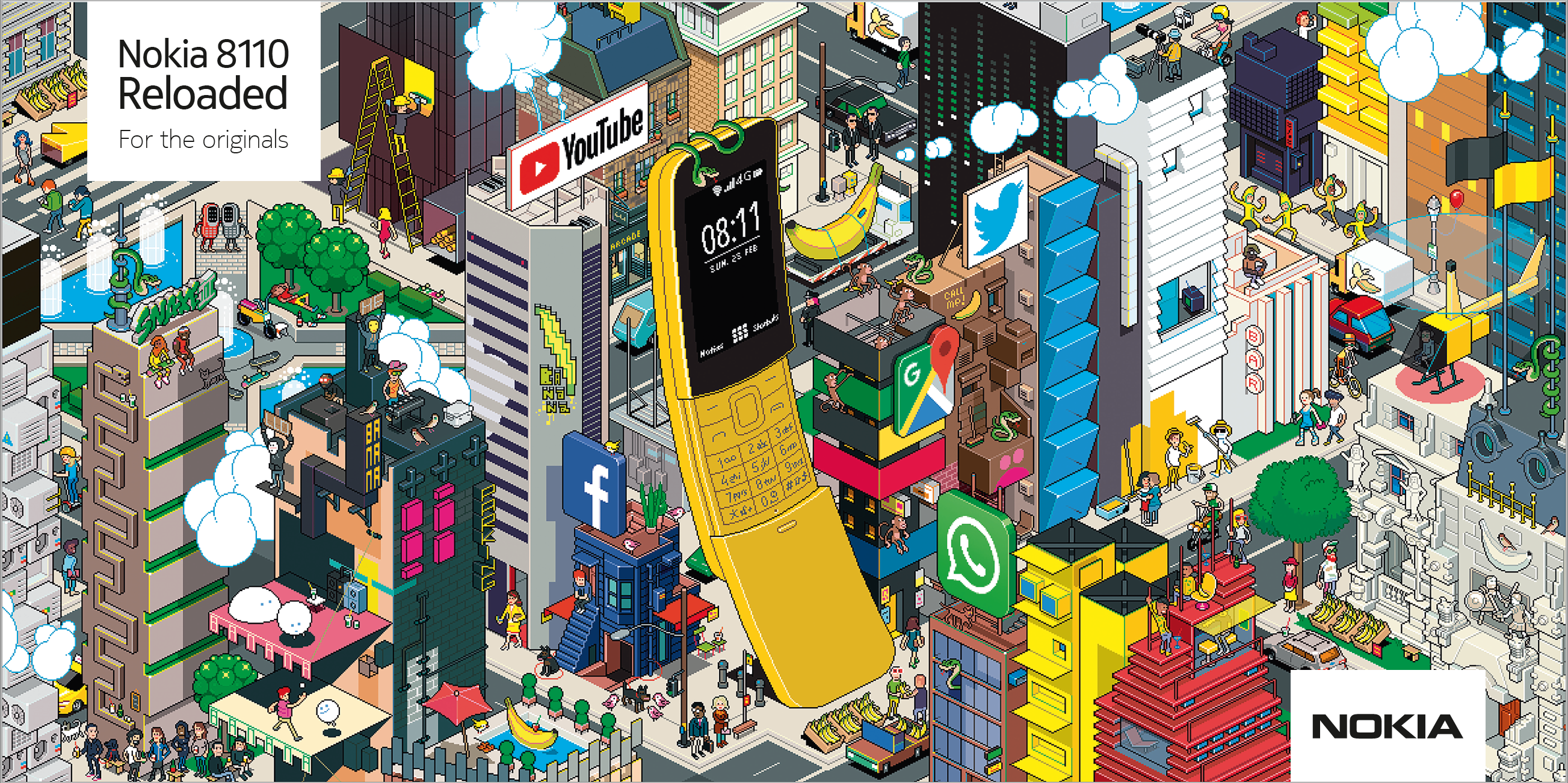 The yellow Nokia 8110 4G is standing upright at the center of a pixelated world. Around it are ad banners for the apps available on the phone. Texts on the upper left say: "Nokia 8110, Reloaded For the originals", with Nokia logo at the bottom right.