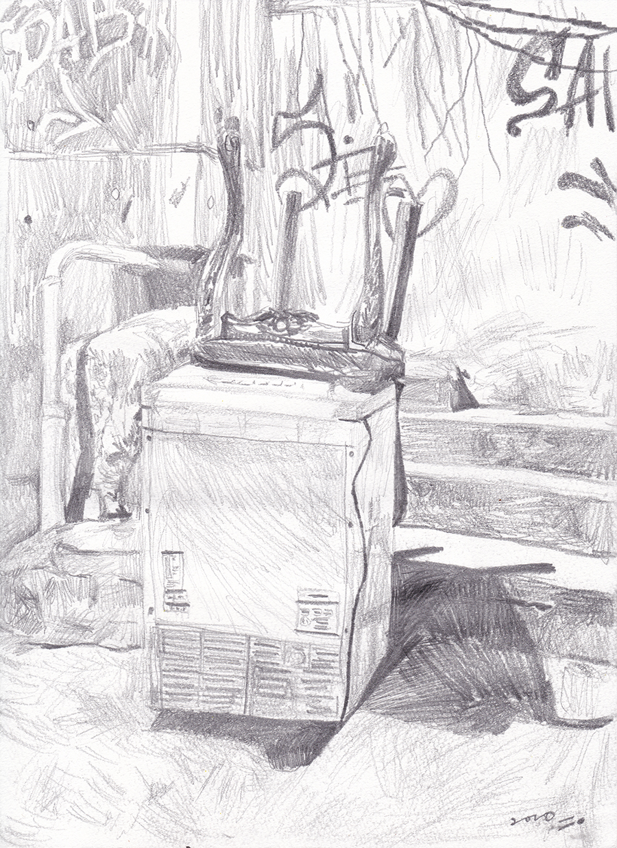 버려진 세탁기와 의자, 2020, pencil on paper, 27.9*21(cm)